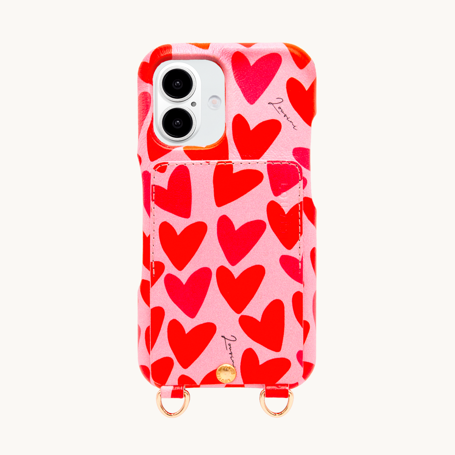 Coque iPhone cuir porte carte avec anneaux LOU - Coeurs