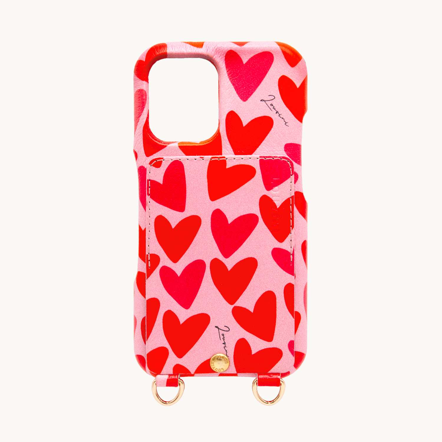 Coque iPhone cuir porte carte avec anneaux LOU - Coeurs
