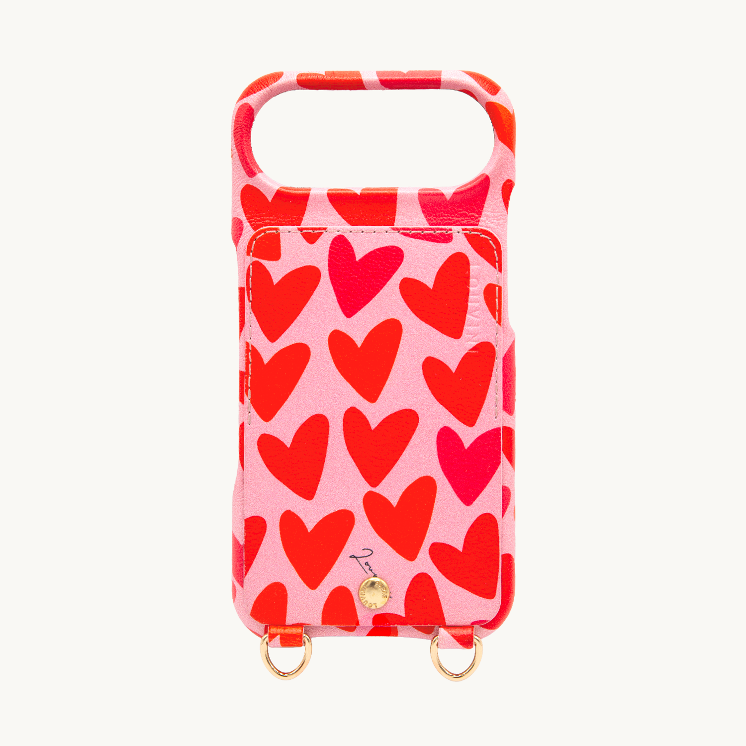 Coque iPhone cuir porte carte avec anneaux LOU - Coeurs