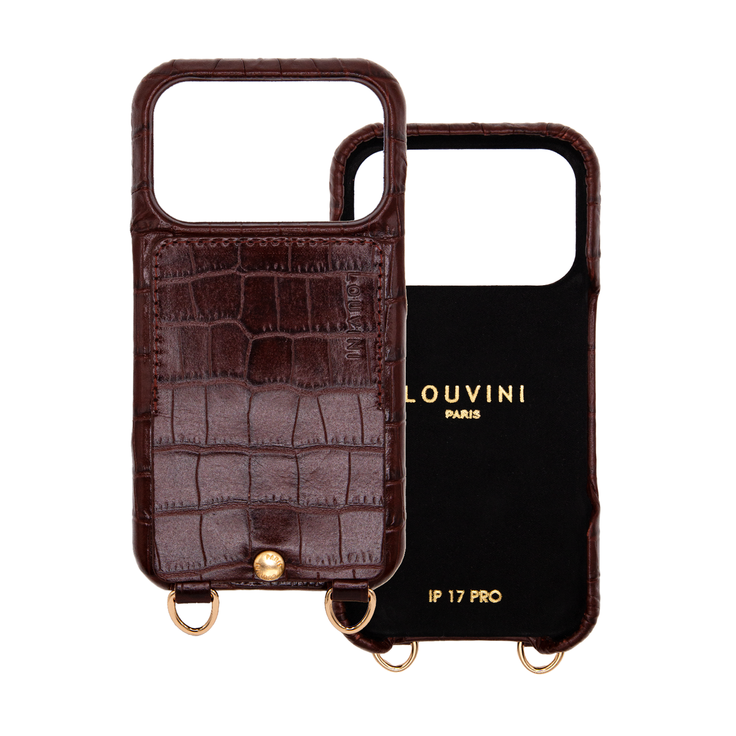 Coque pour iPhone en cuir crocodile marron chocolat avec anneaux et porte carte iPhone 17 Pro