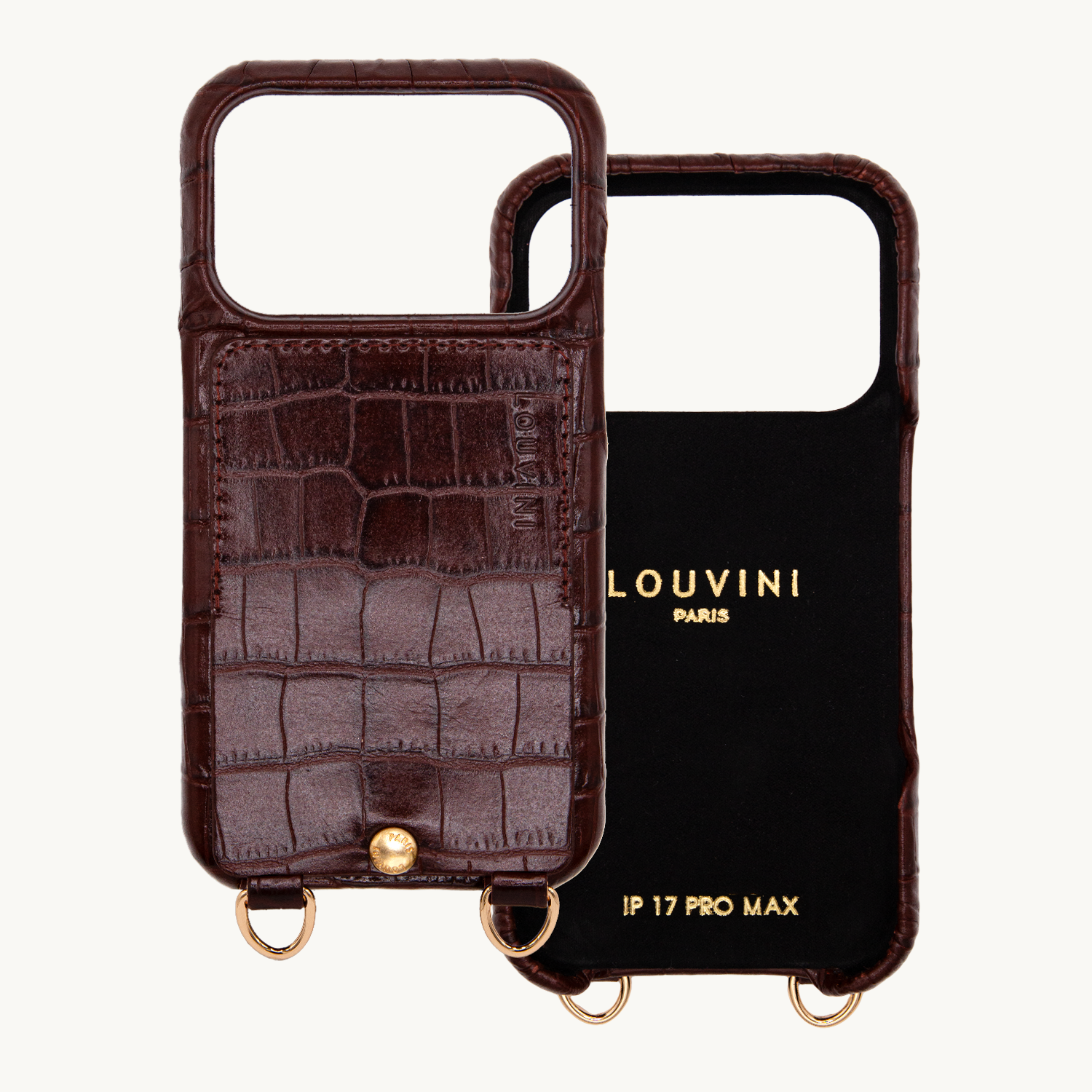 coque pour iPhone 17 pro max en cuir crocodile marron chocolat avec porte carte et anneaux intégrés