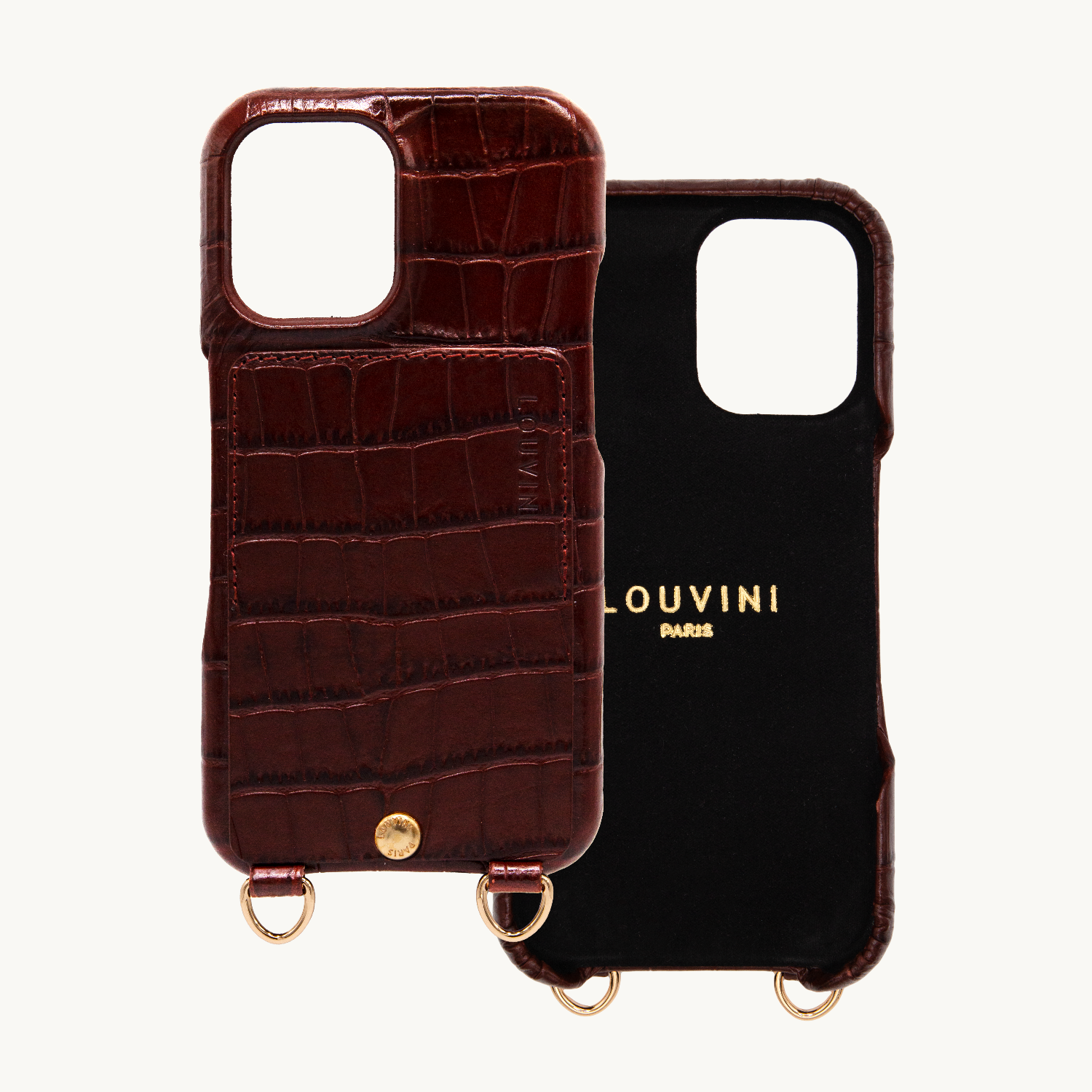 Coque iPhone cuir porte carte avec anneaux LOU - Crocodile Marron