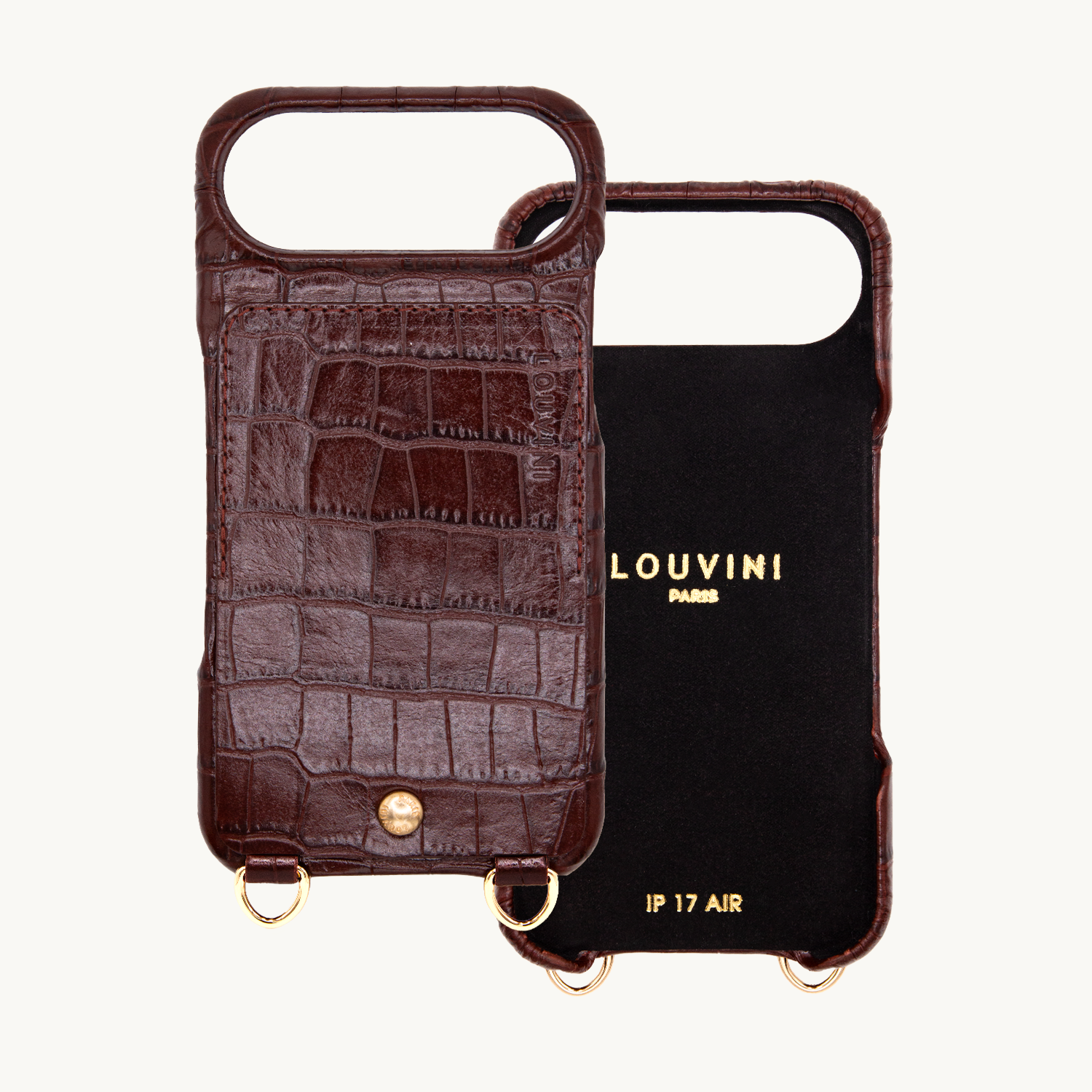 Coque iPhone cuir porte carte avec anneaux LOU - Crocodile Marron