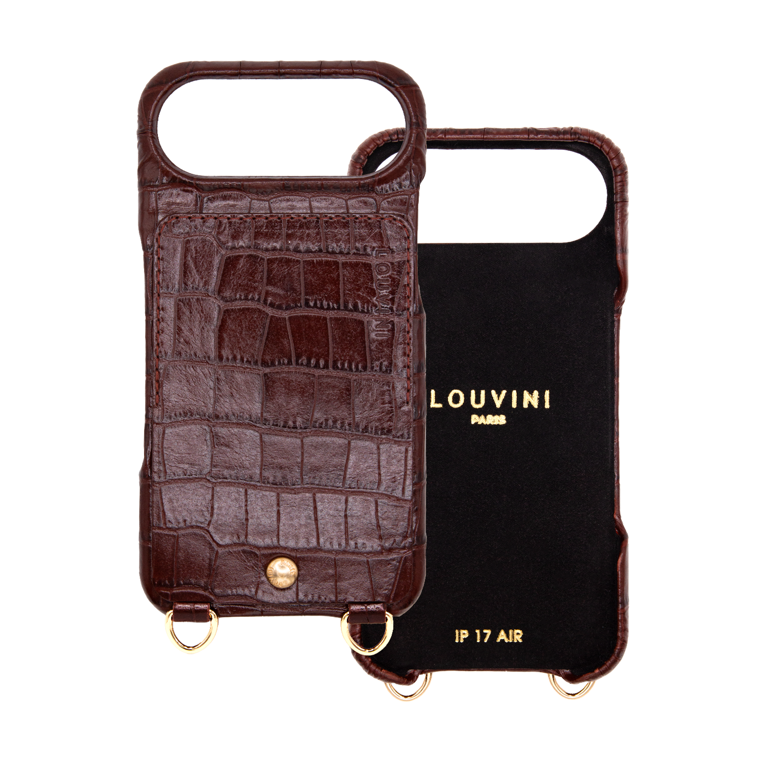 Coque iPhone cuir porte carte avec anneaux LOU - Crocodile Marron