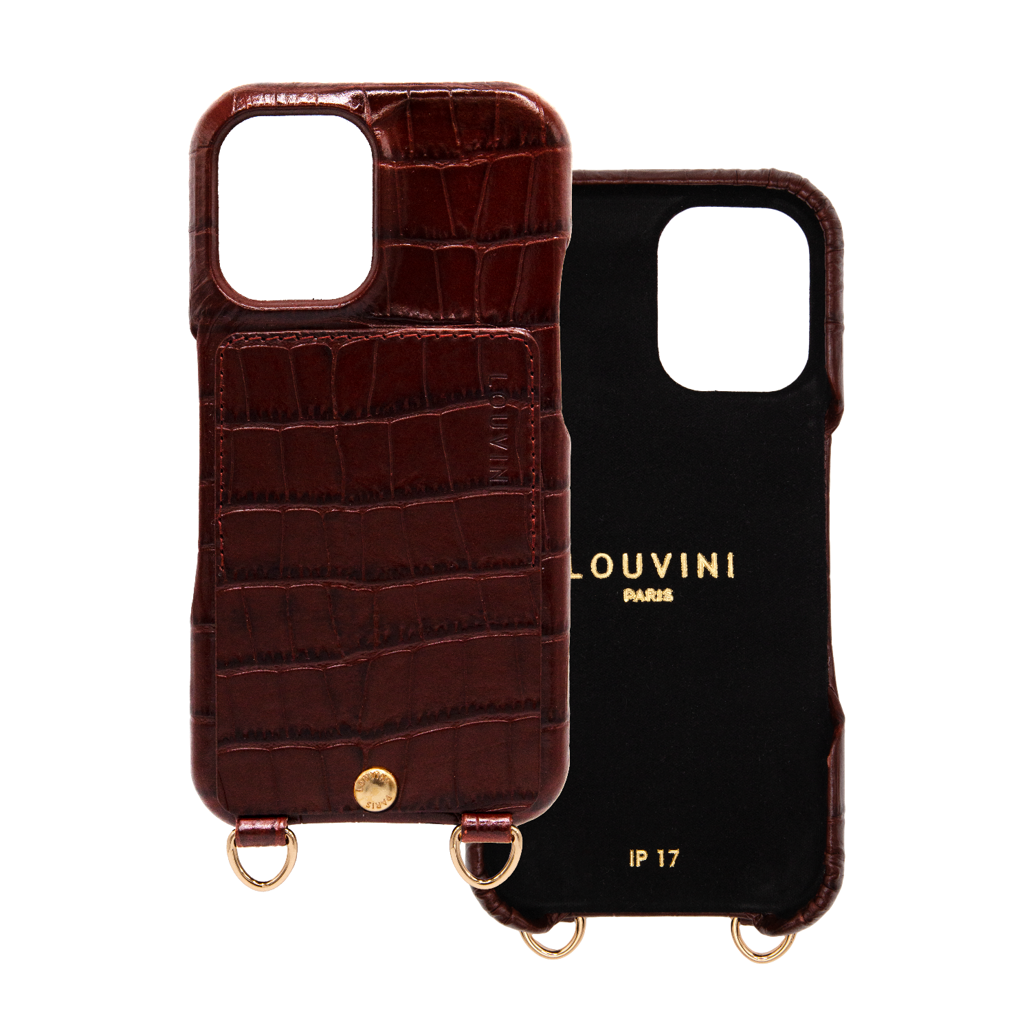 Coque iPhone cuir porte carte avec anneaux LOU - Crocodile Marron