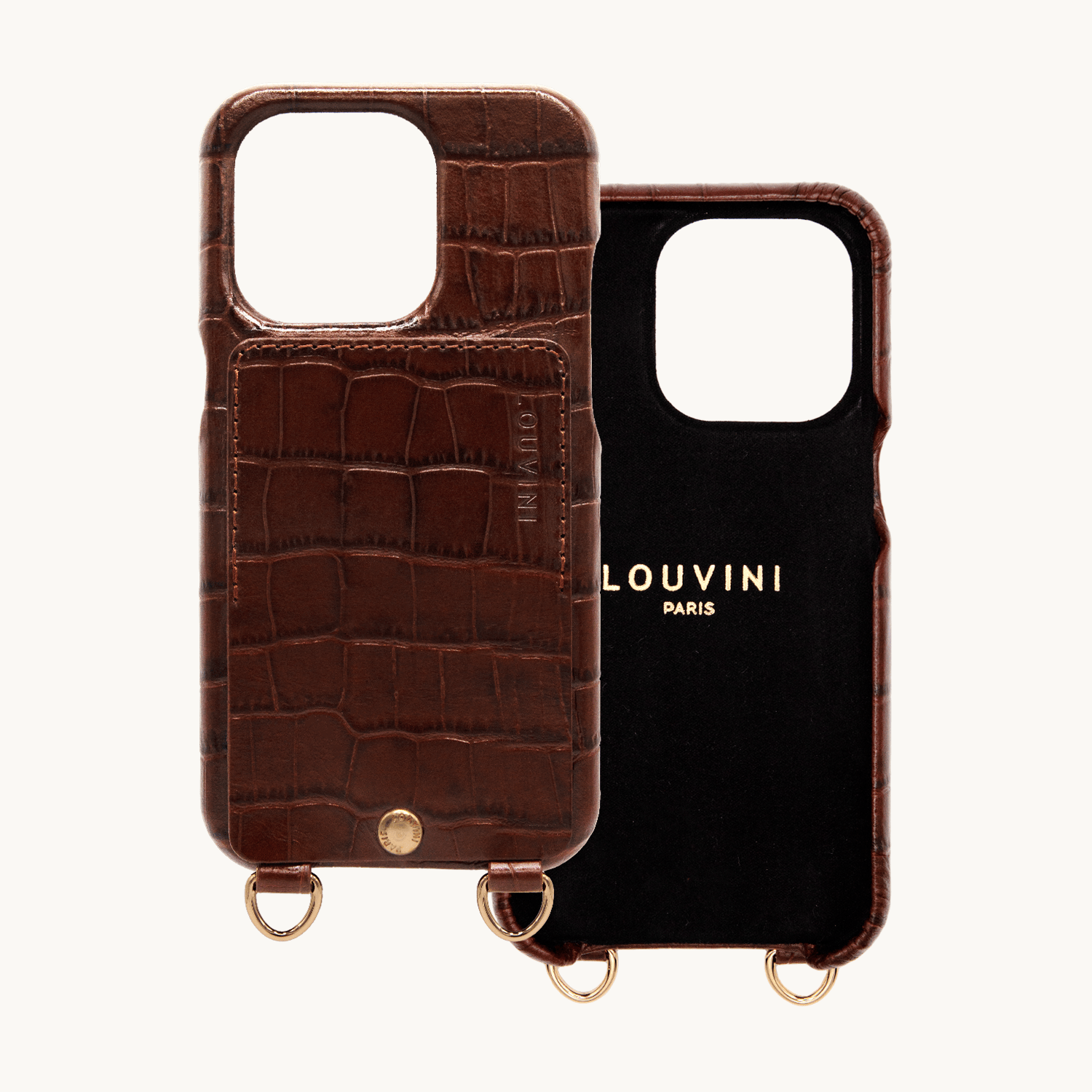 Coque iPhone cuir porte carte avec anneaux LOU - Crocodile Marron