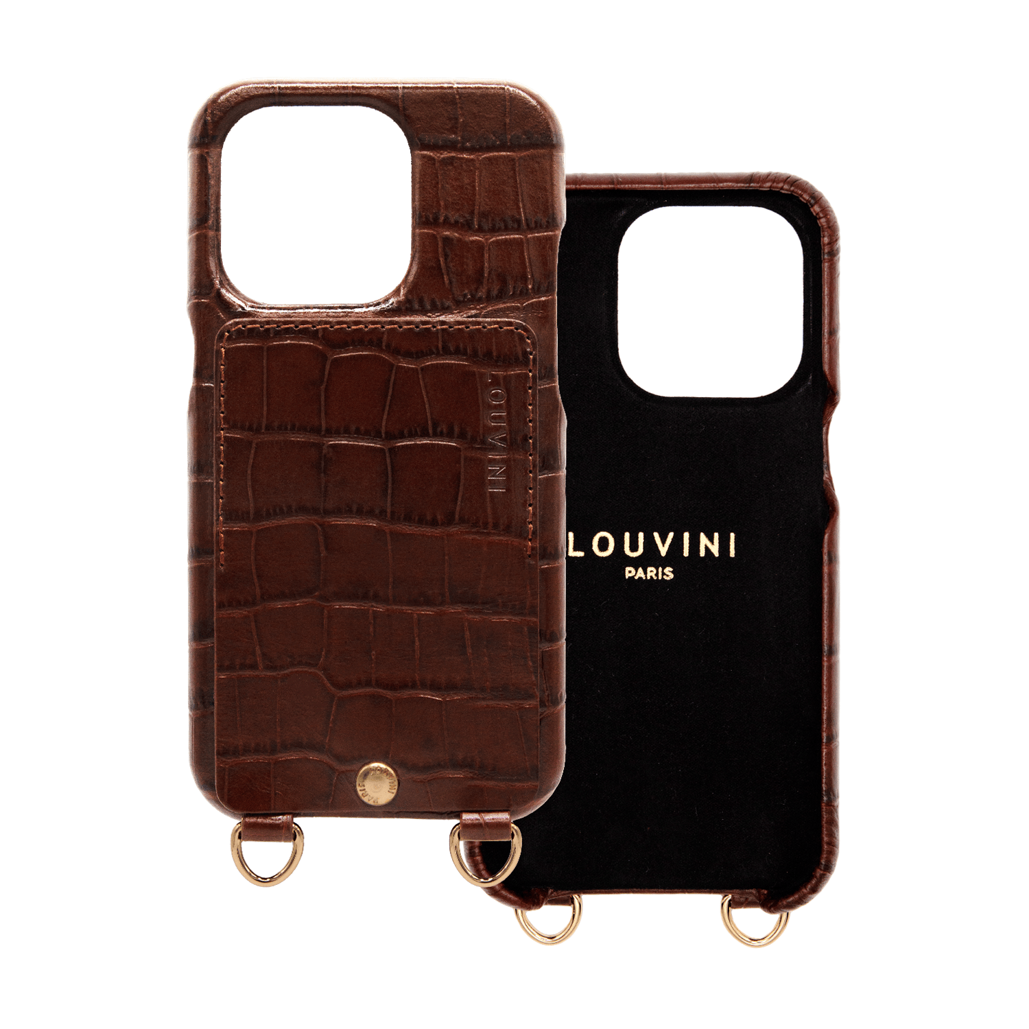 Coque iPhone cuir porte carte avec anneaux LOU - Crocodile Marron