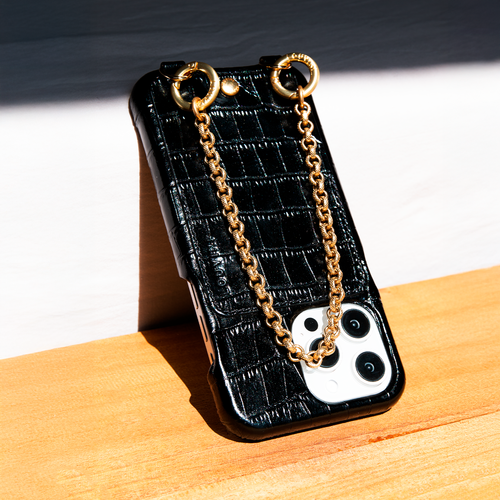 Coque iPhone cuir porte carte avec anneaux LOU - Crocodile Noir