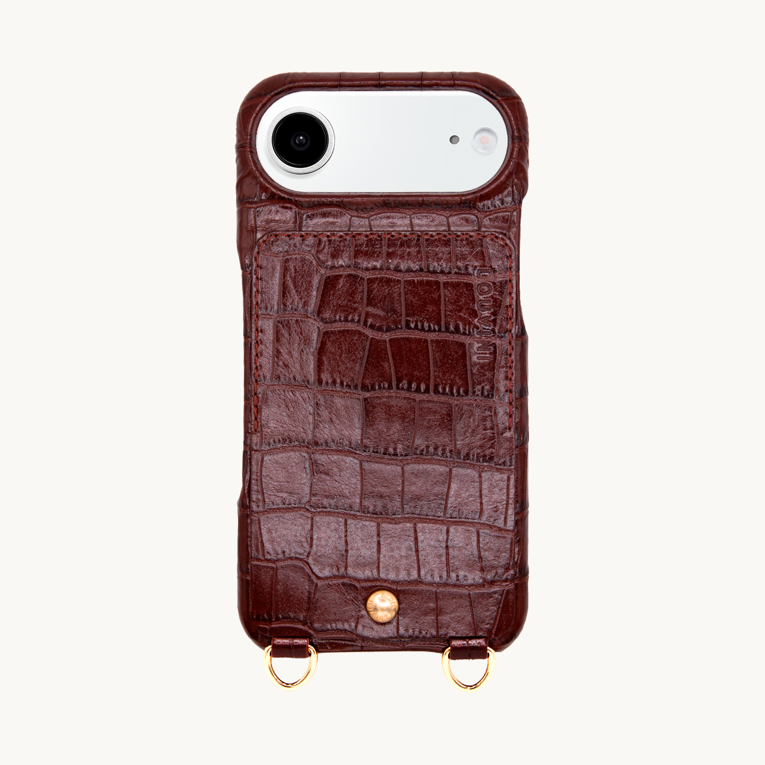 Coque iPhone cuir porte carte avec anneaux LOU - Crocodile Marron