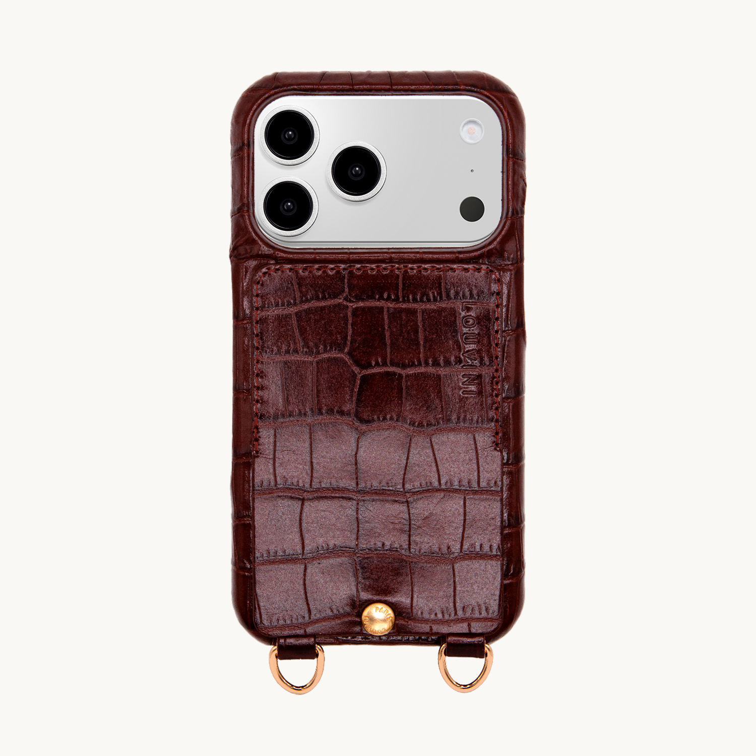 Coque iPhone cuir porte carte avec anneaux LOU - Crocodile Marron