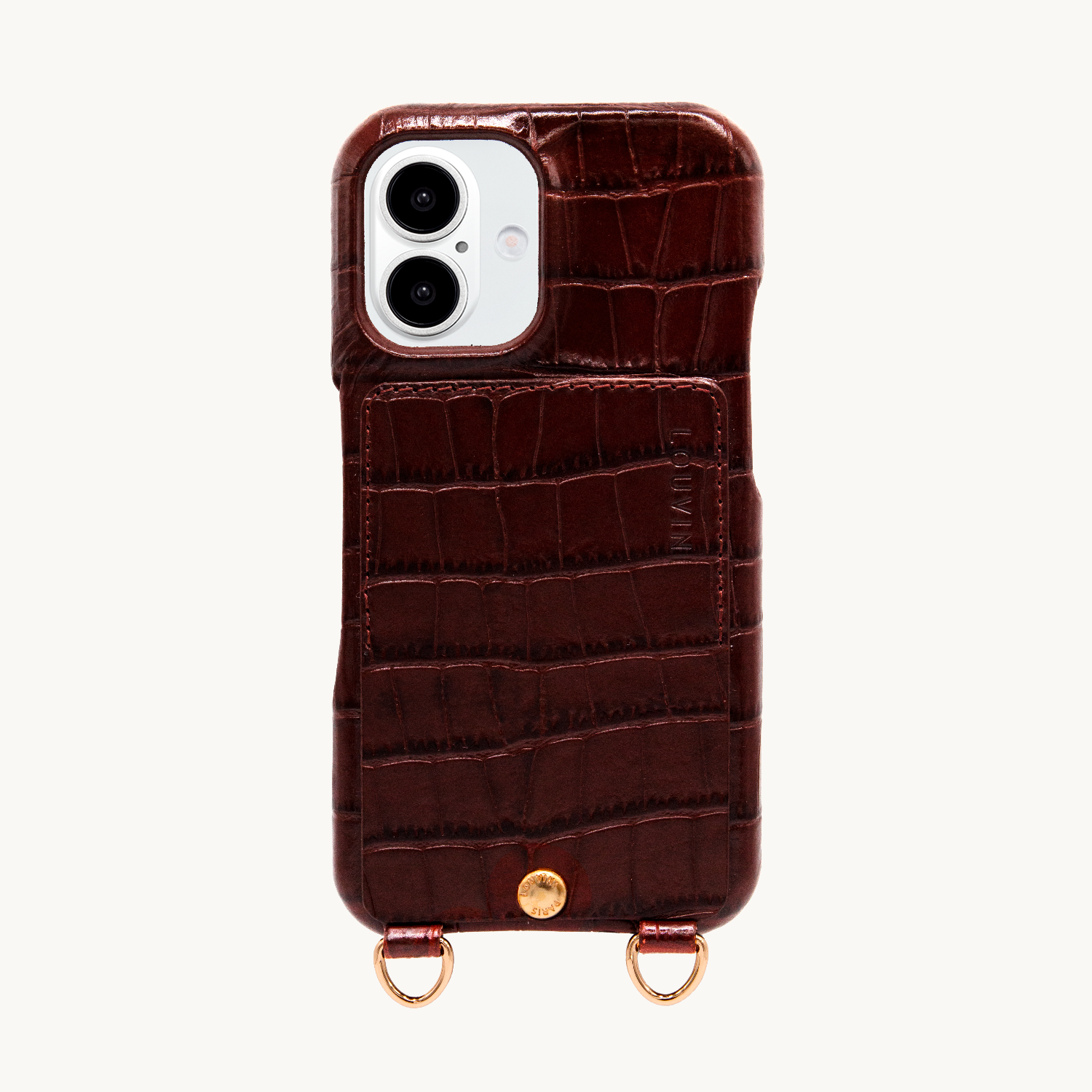 Coque iPhone cuir porte carte avec anneaux LOU - Crocodile Marron