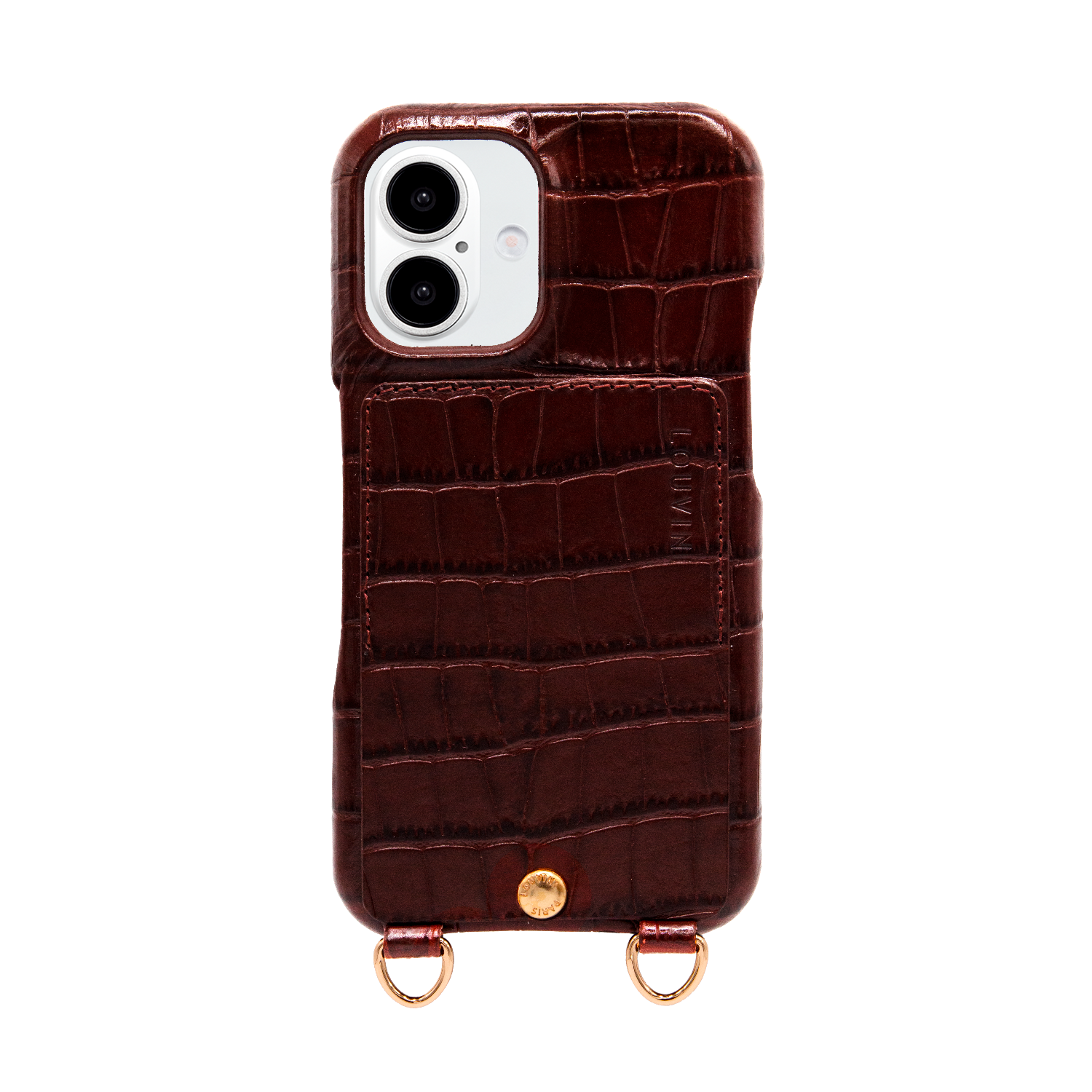 Coque iPhone cuir porte carte avec anneaux LOU - Crocodile Marron