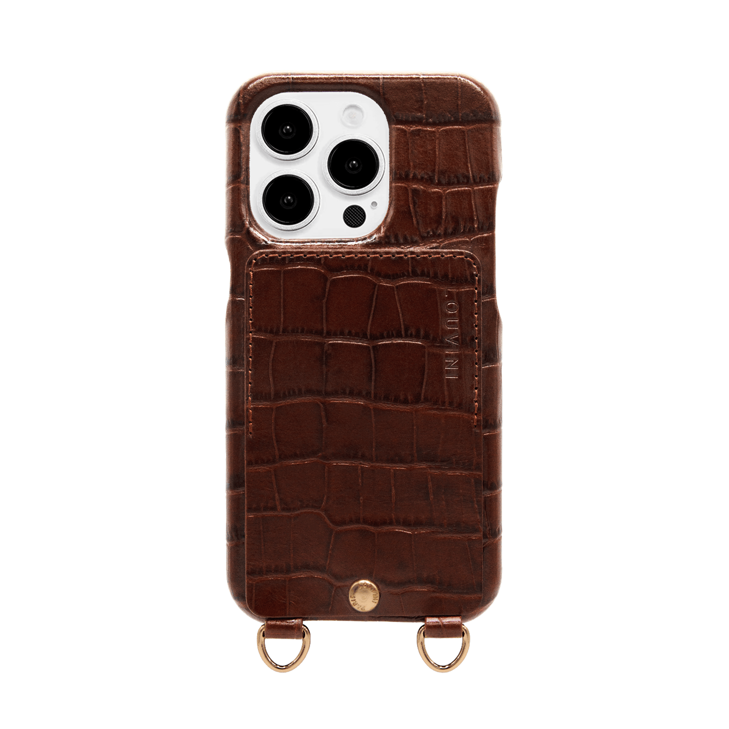 Coque iPhone cuir porte carte avec anneaux LOU - Crocodile Marron