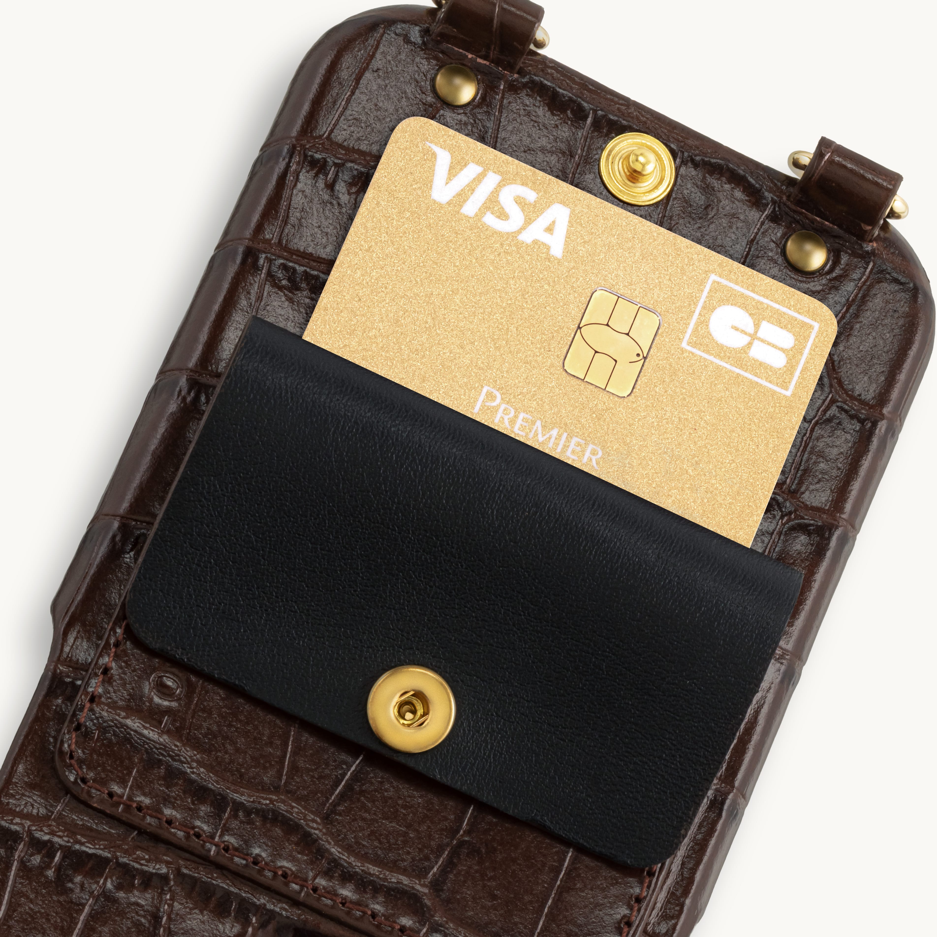 Coque iPhone cuir porte carte avec anneaux LOU - Crocodile Marron