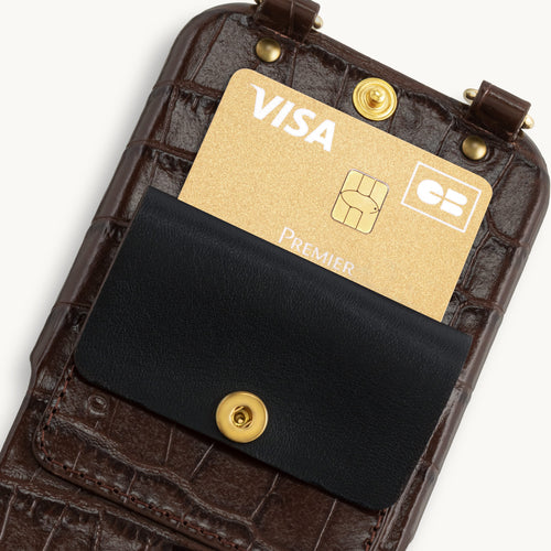 Coque iPhone cuir porte carte avec anneaux LOU - Crocodile Marron