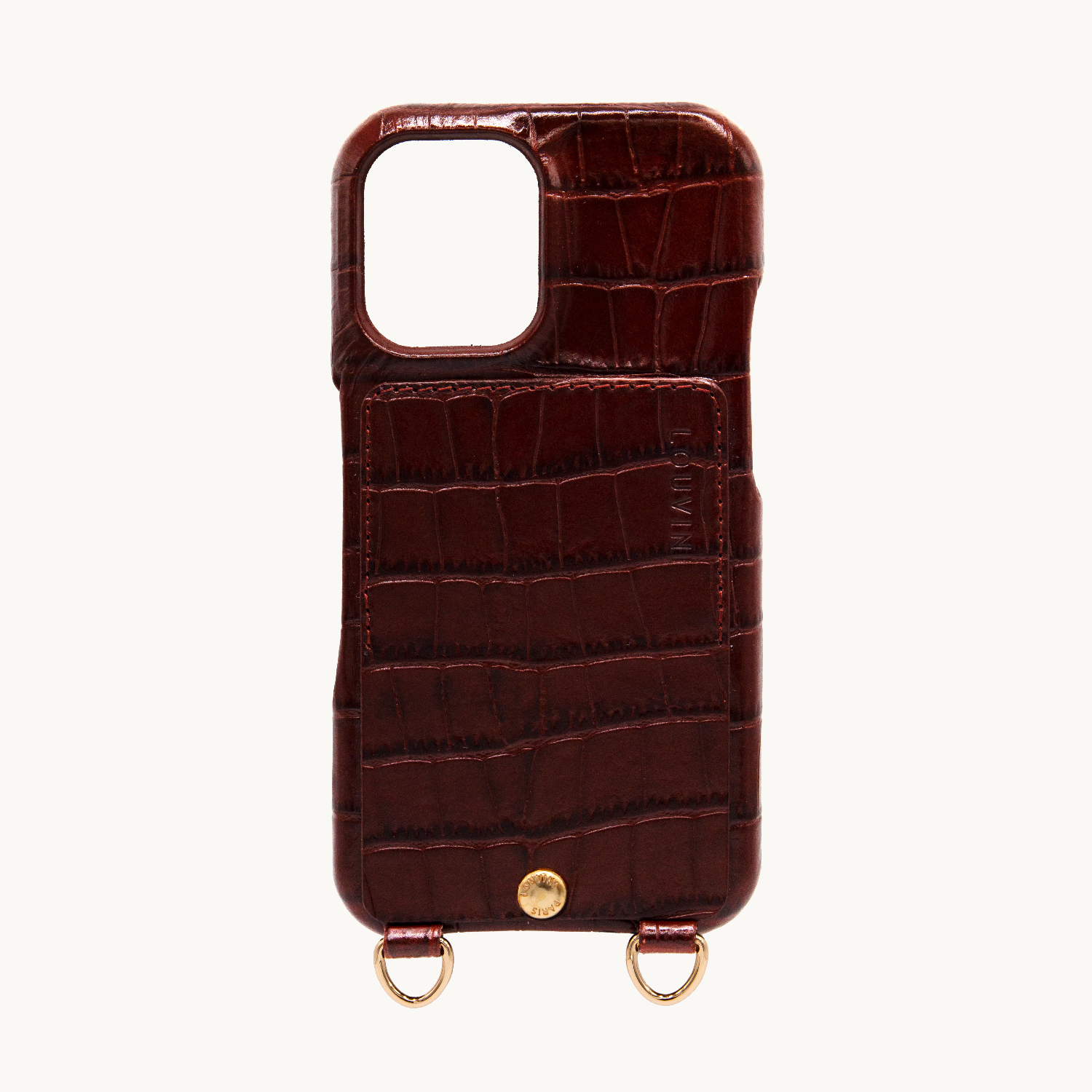 Coque iPhone cuir porte carte avec anneaux LOU - Crocodile Marron