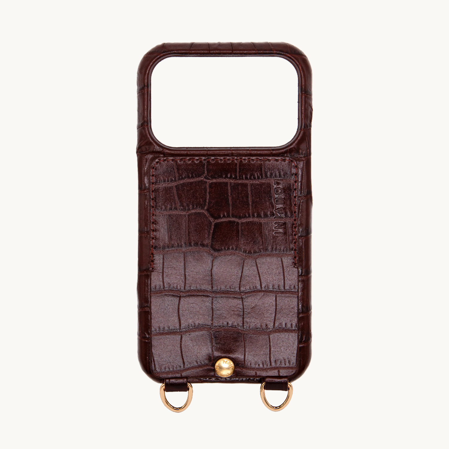 Coque iPhone cuir porte carte avec anneaux LOU - Crocodile Marron