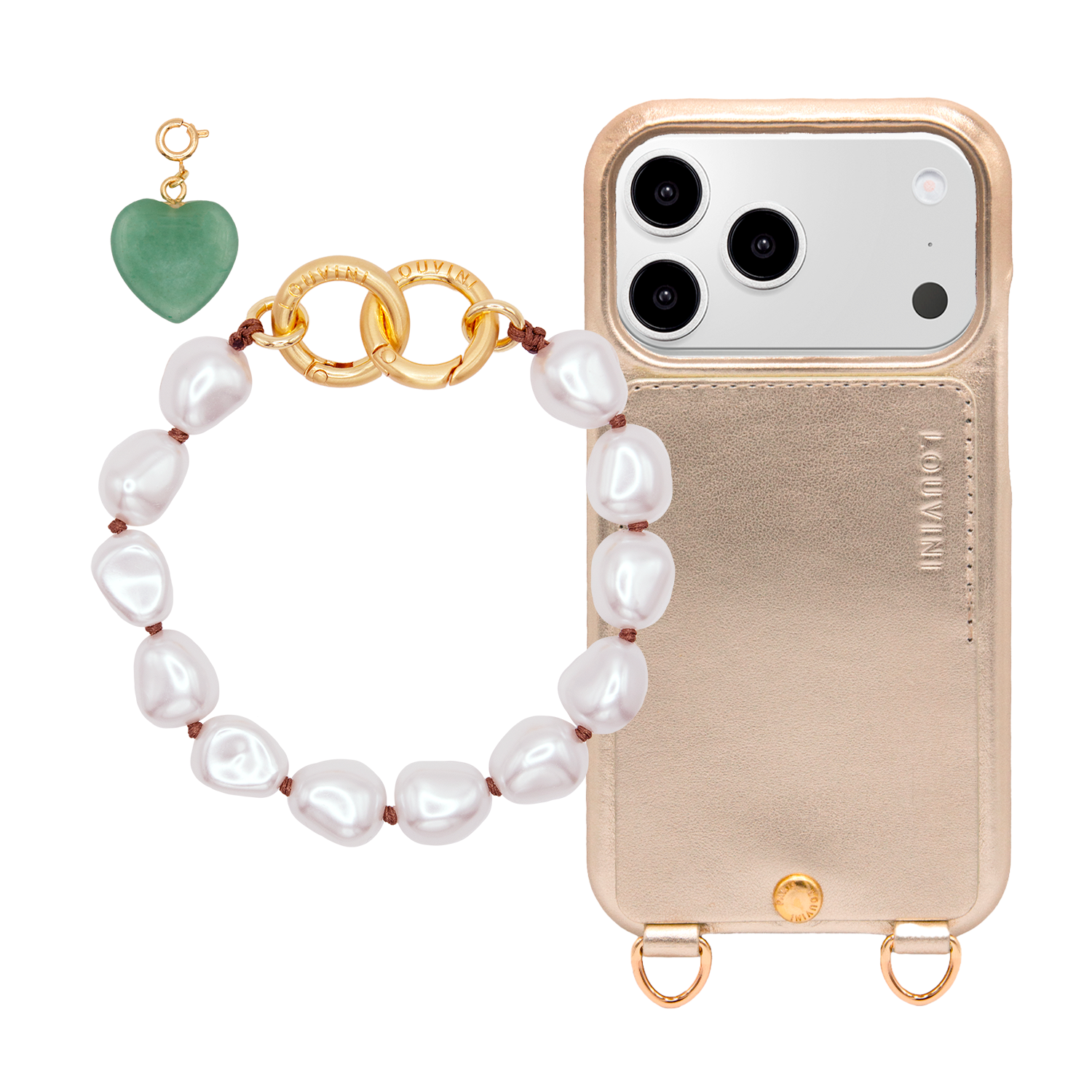 Coque iPhone LOU Doré & bracelet PETIT MINDY NAKED & LUCKY CHARMS Coeur Vert d'eau