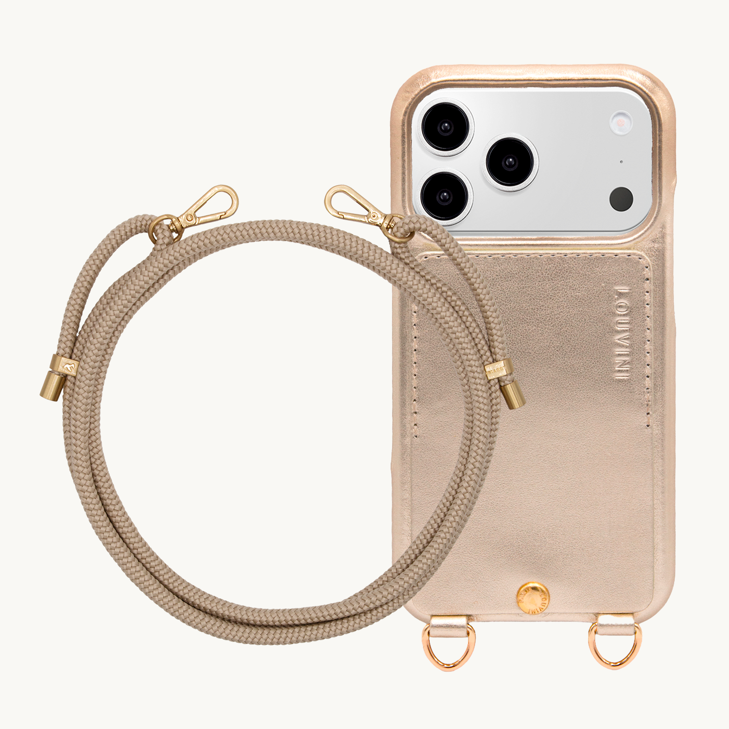 Coque iPhone LOU Doré Métallisé & Cordon TESSA Sable