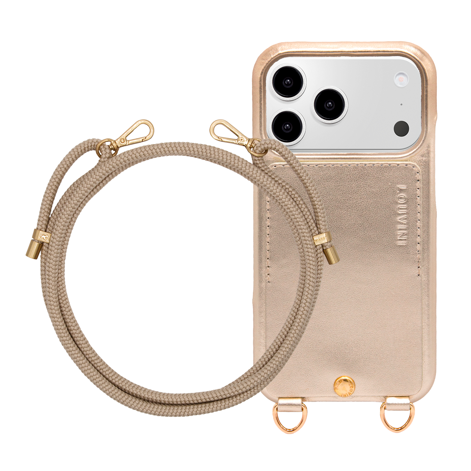 Coque iPhone LOU Doré Métallisé & Cordon TESSA Sable