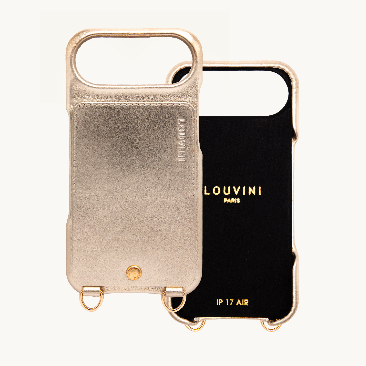 Coque iPhone cuir porte carte avec anneaux LOU - Doré métallisé