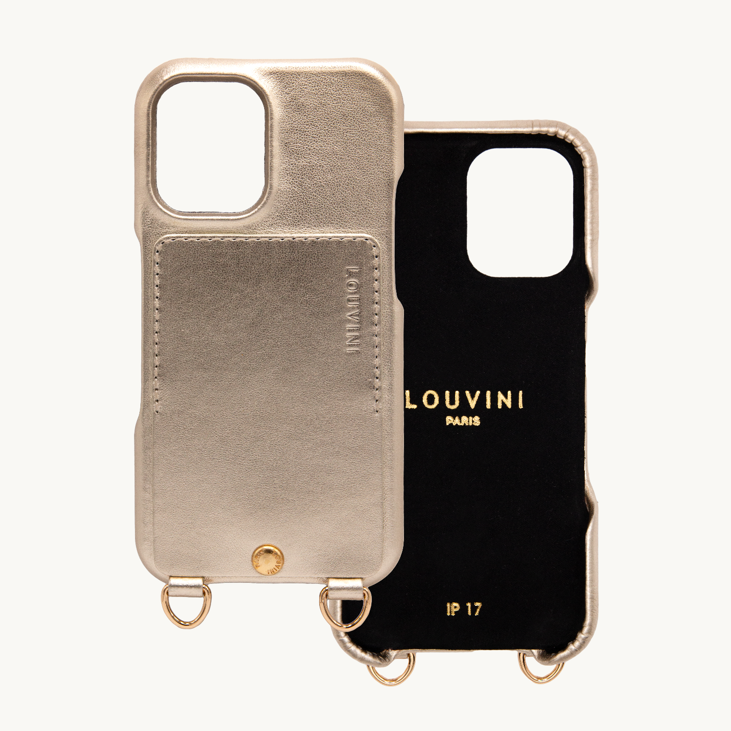 Coque iPhone cuir porte carte avec anneaux LOU - Doré métallisé