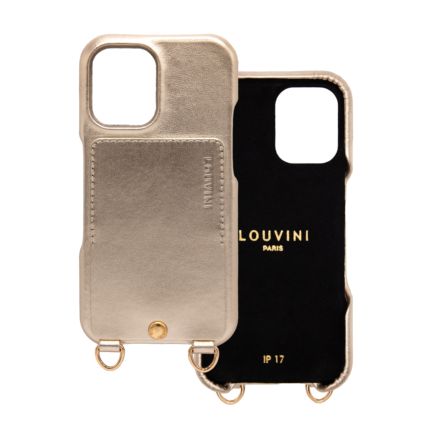 Coque iPhone cuir porte carte avec anneaux LOU - Doré métallisé