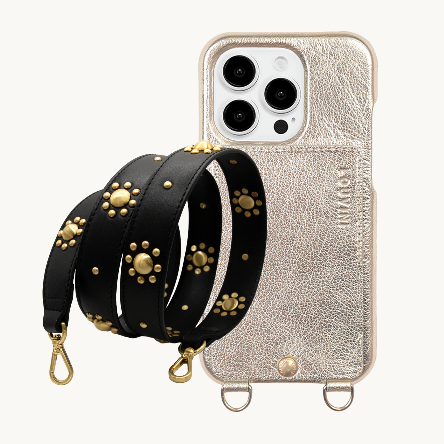 ensemble coque de téléphone en cuir doré et sangle en cuir noir