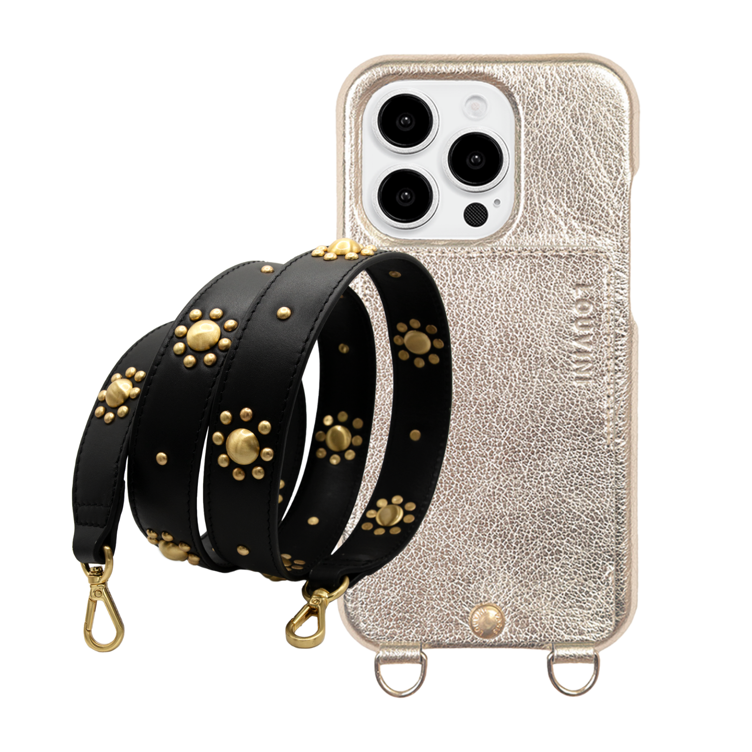 ensemble coque de téléphone en cuir doré et sangle en cuir noir
