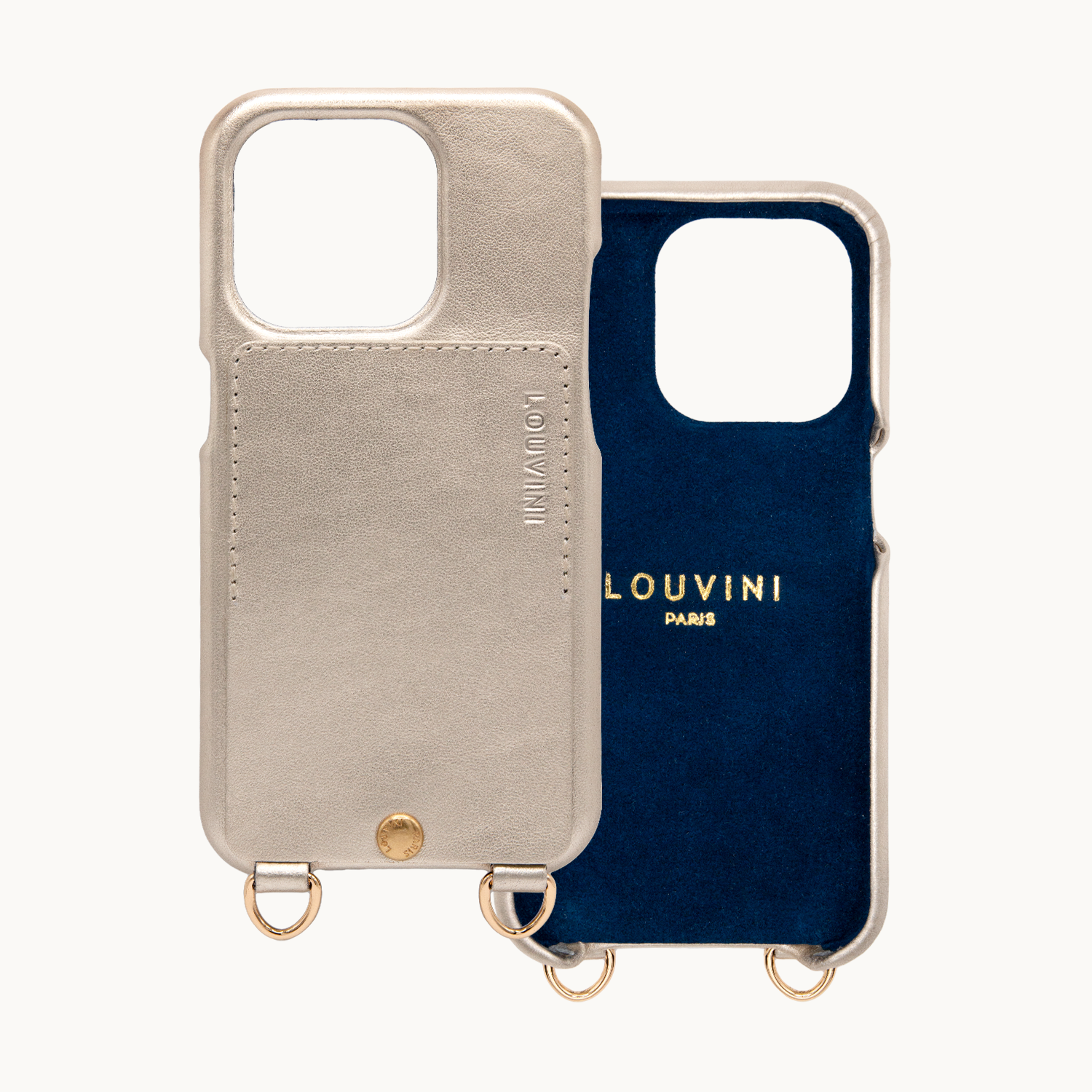Coque iPhone cuir porte carte avec anneaux LOU - Doré métallisé