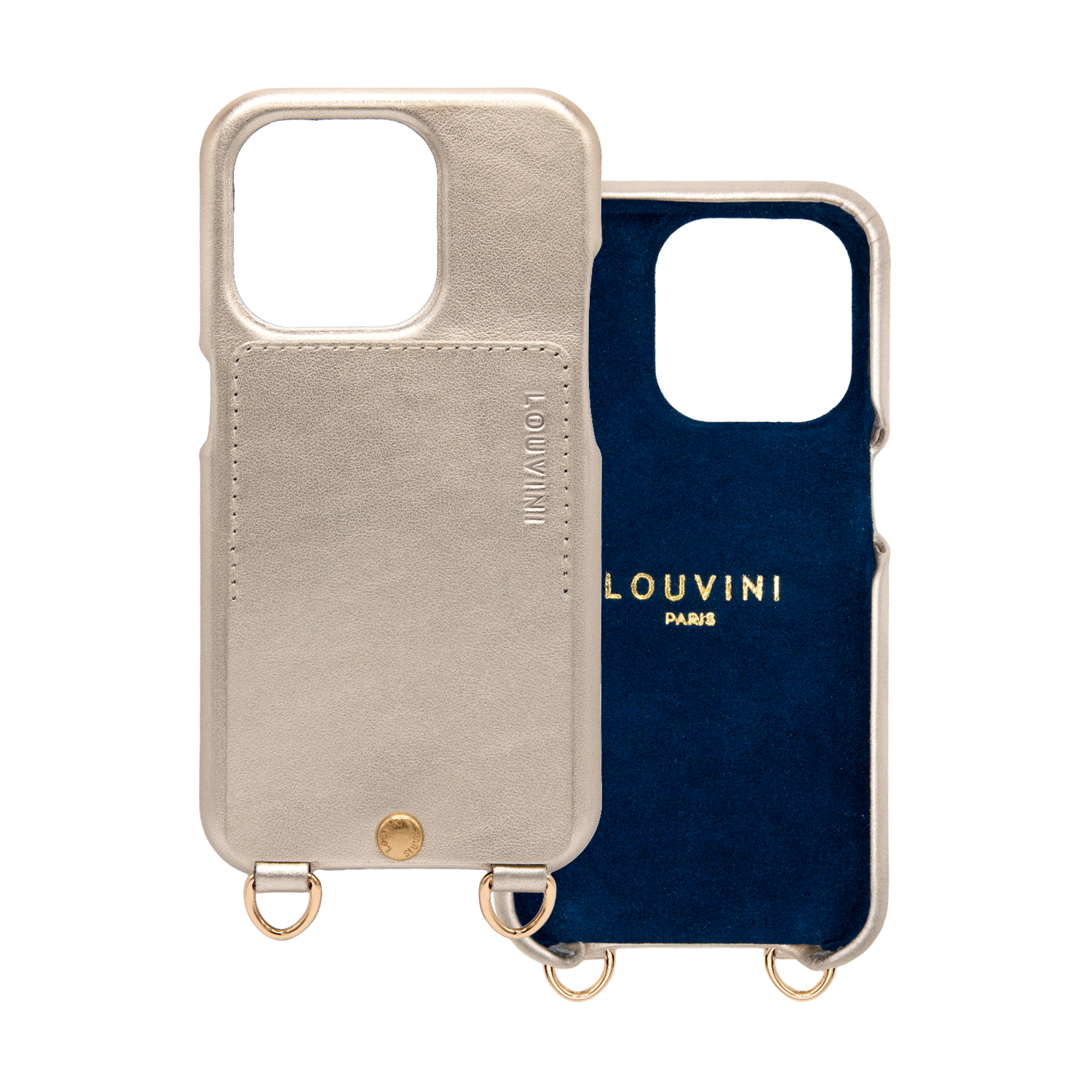 Coque iPhone cuir porte carte avec anneaux LOU - Doré métallisé