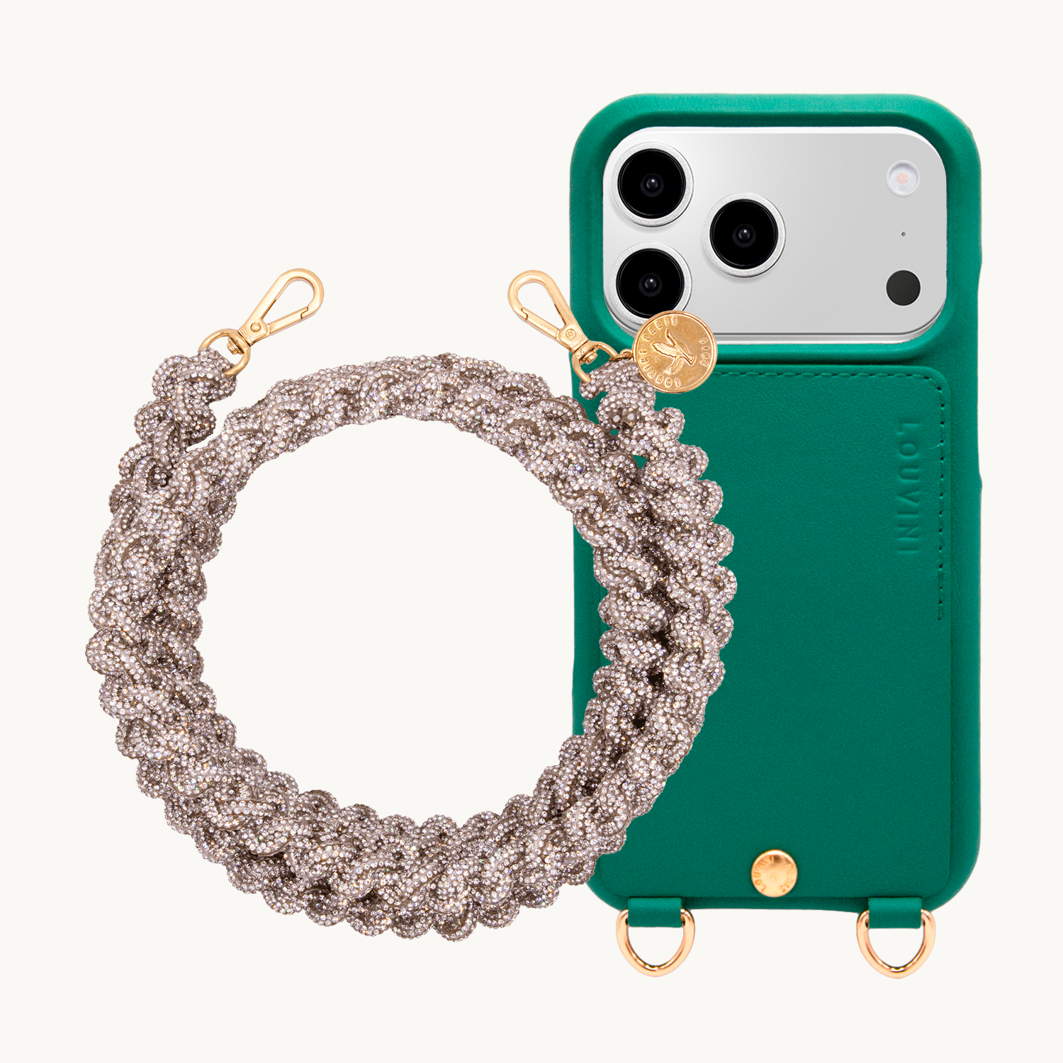 Coque iPhone LOU Émeraude & Cordon SCARLETT Argenté