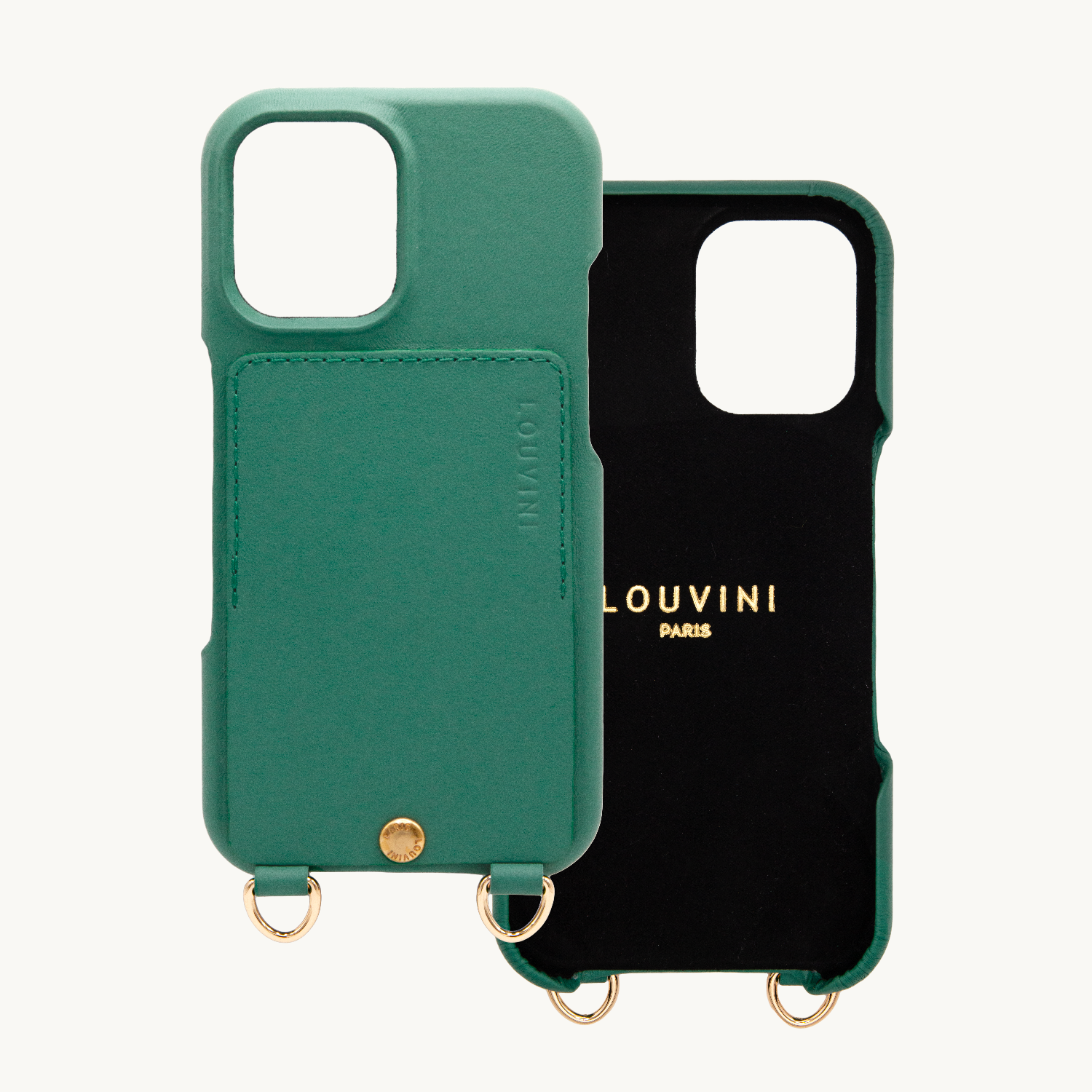 Coque iPhone cuir porte carte avec anneaux LOU - Emeraude