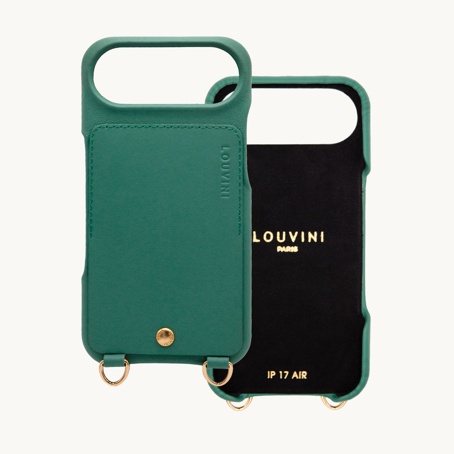 Coque iPhone cuir porte carte avec anneaux LOU - Emeraude