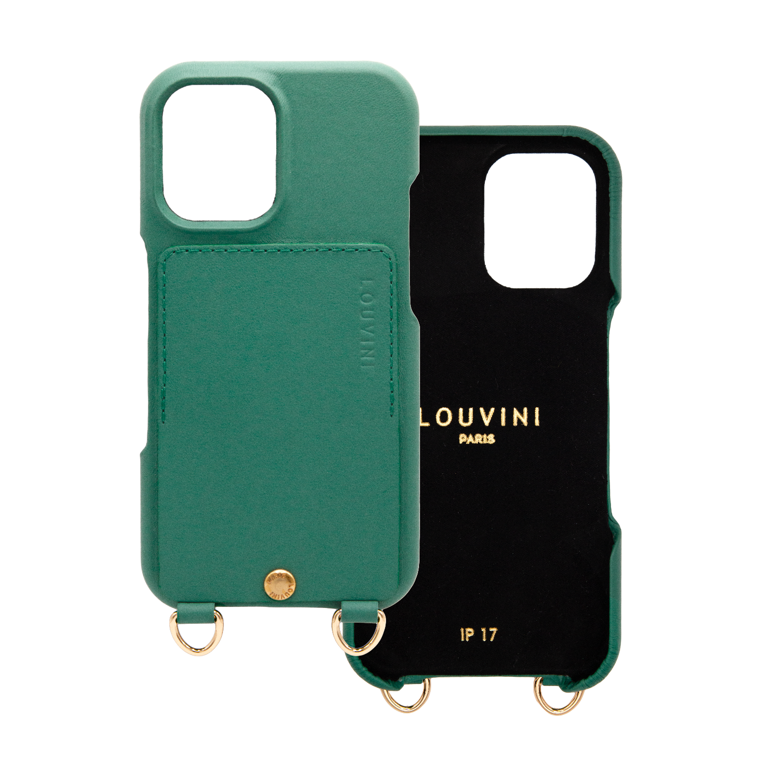 Coque iPhone cuir porte carte avec anneaux LOU - Emeraude