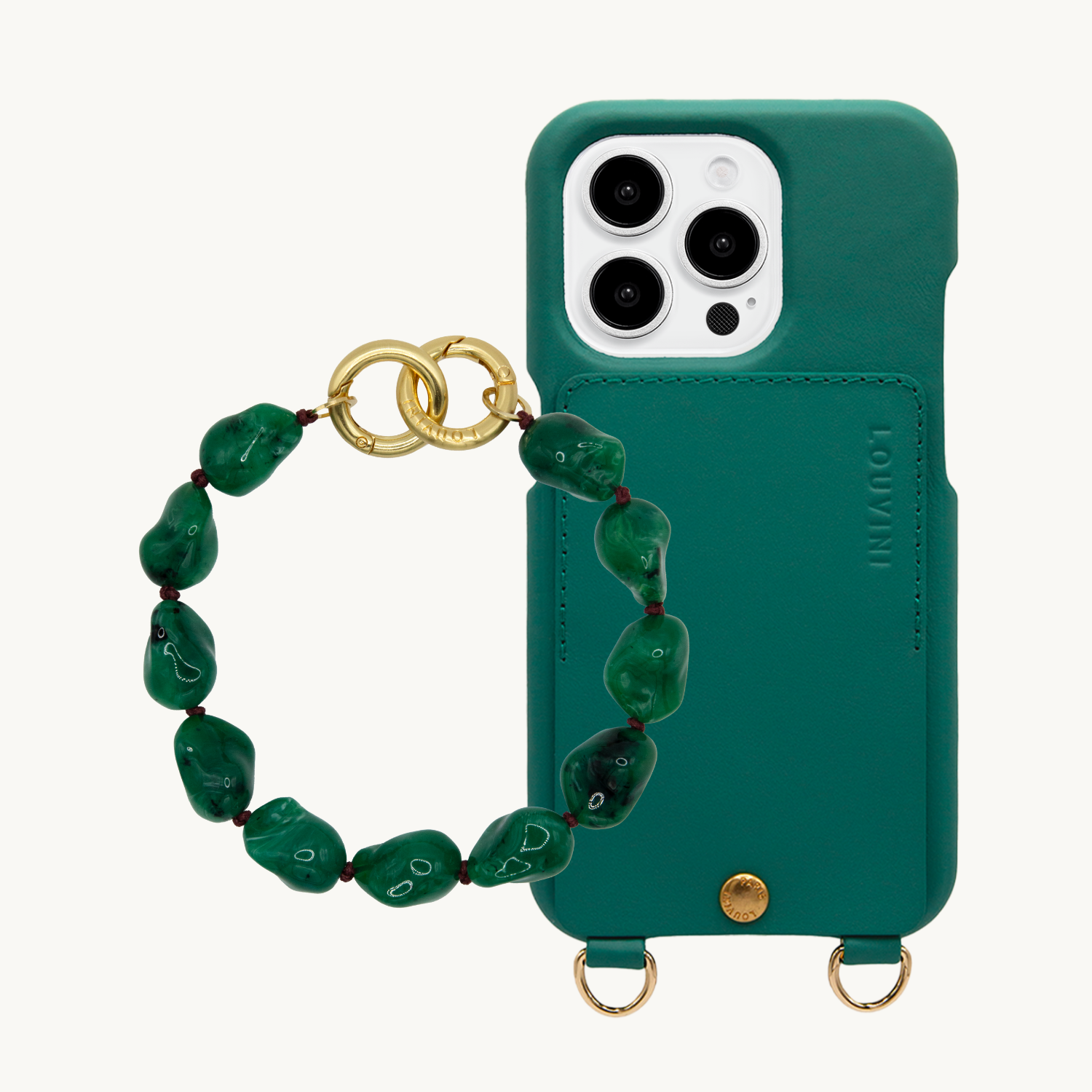 ensemble coque de téléphone avec étui en cuir émeraude et bracelet émeraude