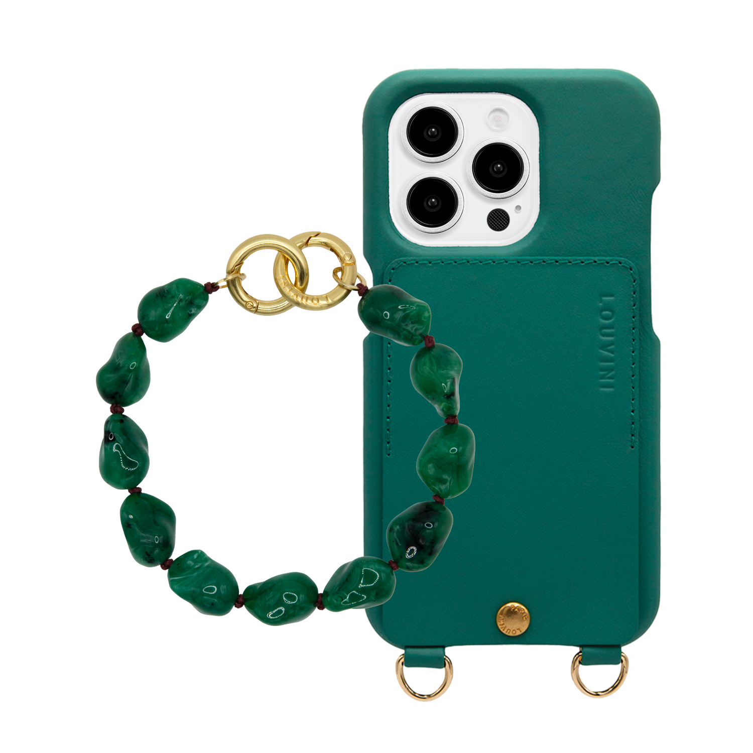 ensemble coque de téléphone avec étui en cuir émeraude et bracelet émeraude