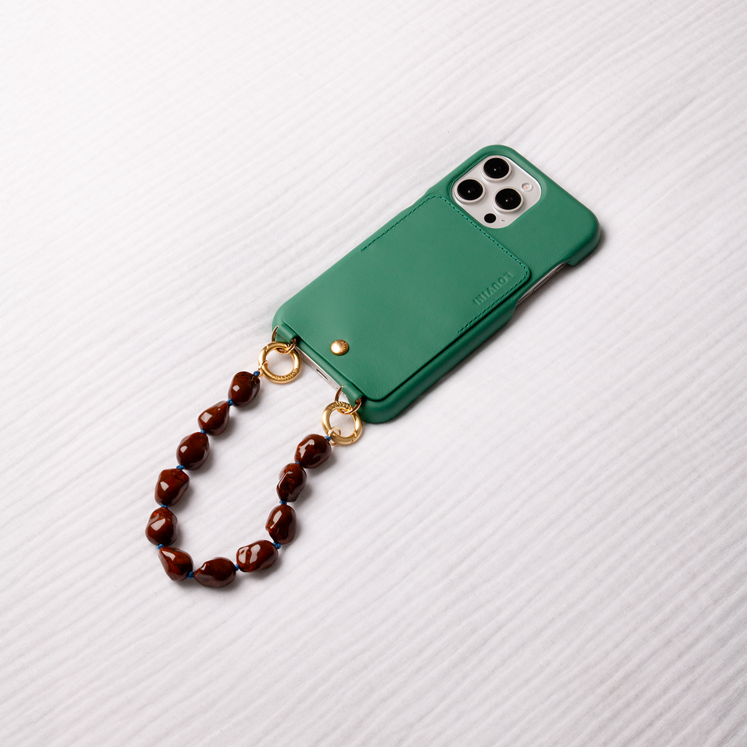 Coque iPhone cuir porte carte avec anneaux LOU - Emeraude