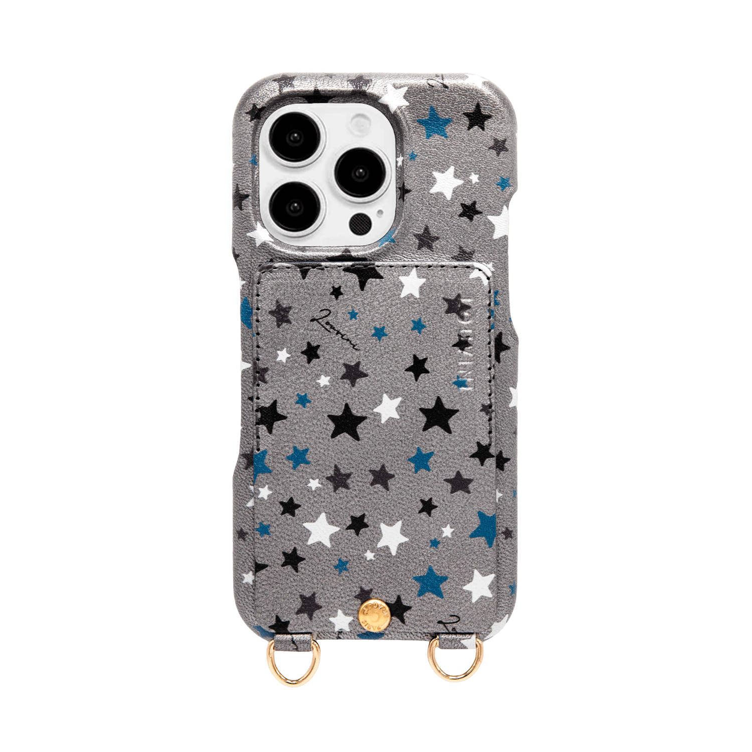 Coque iPhone cuir porte carte avec anneaux LOU - Étoiles Argenté