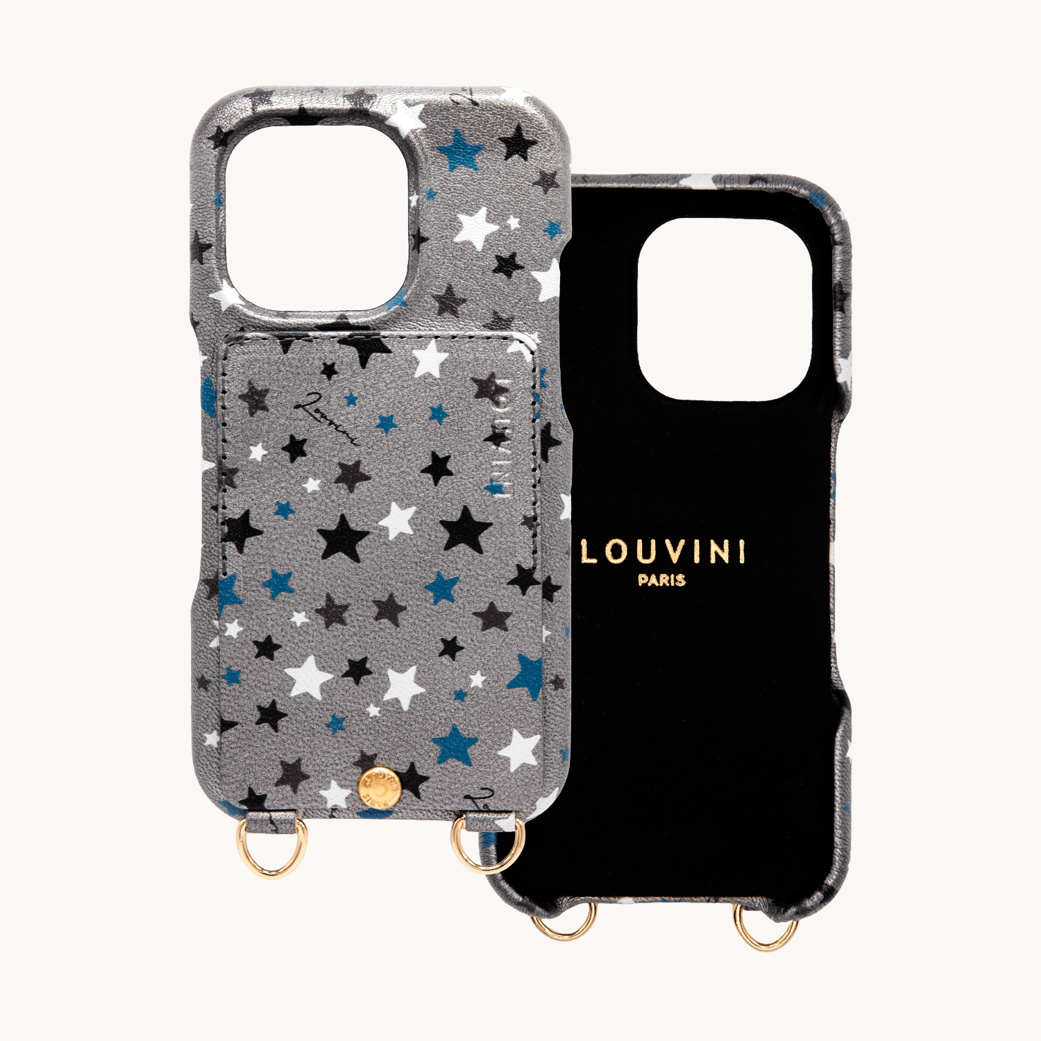 Coque iPhone cuir porte carte avec anneaux LOU - Étoiles Argenté