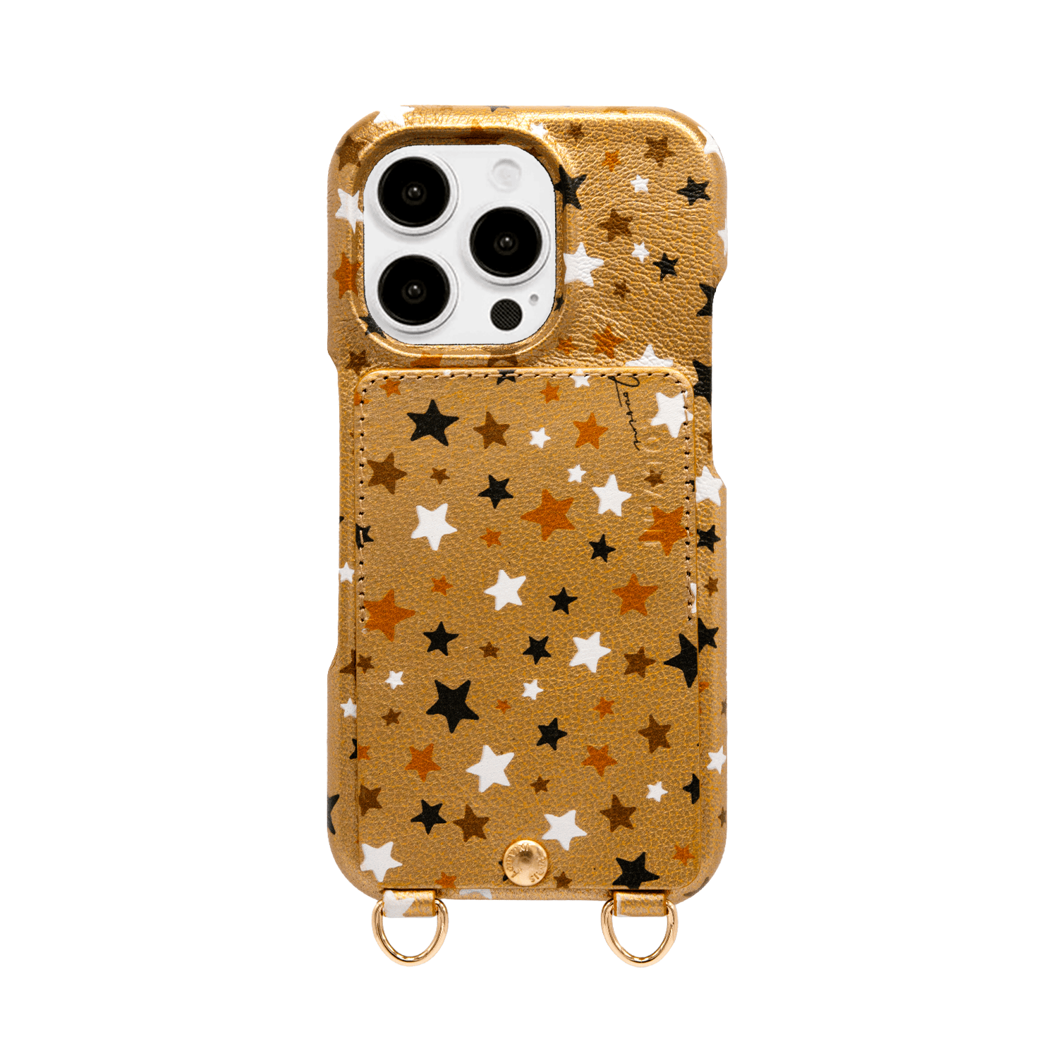 Coque iPhone cuir porte carte avec anneaux LOU - Étoiles Doré