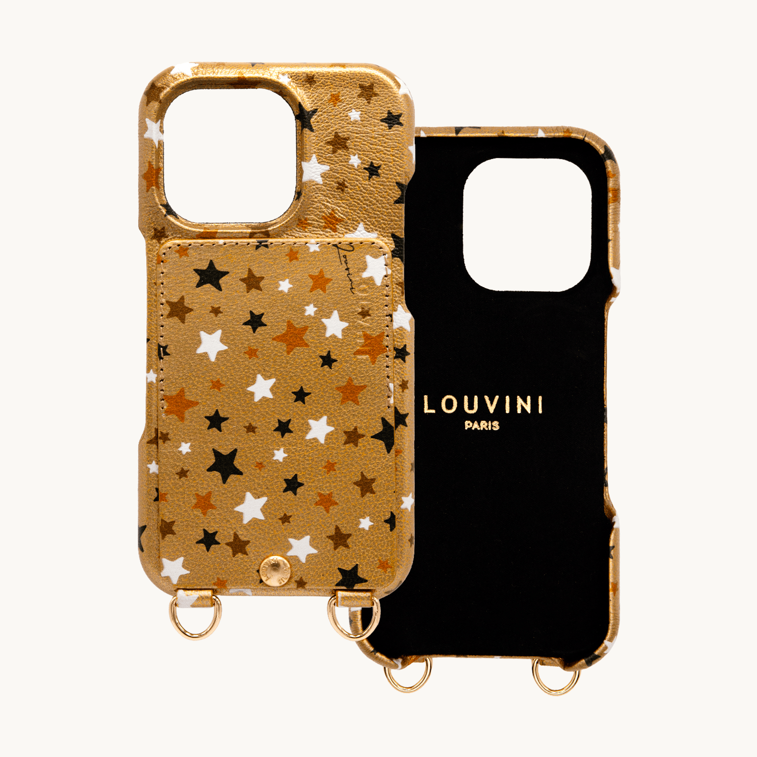 Coque iPhone cuir porte carte avec anneaux LOU - Étoiles Doré