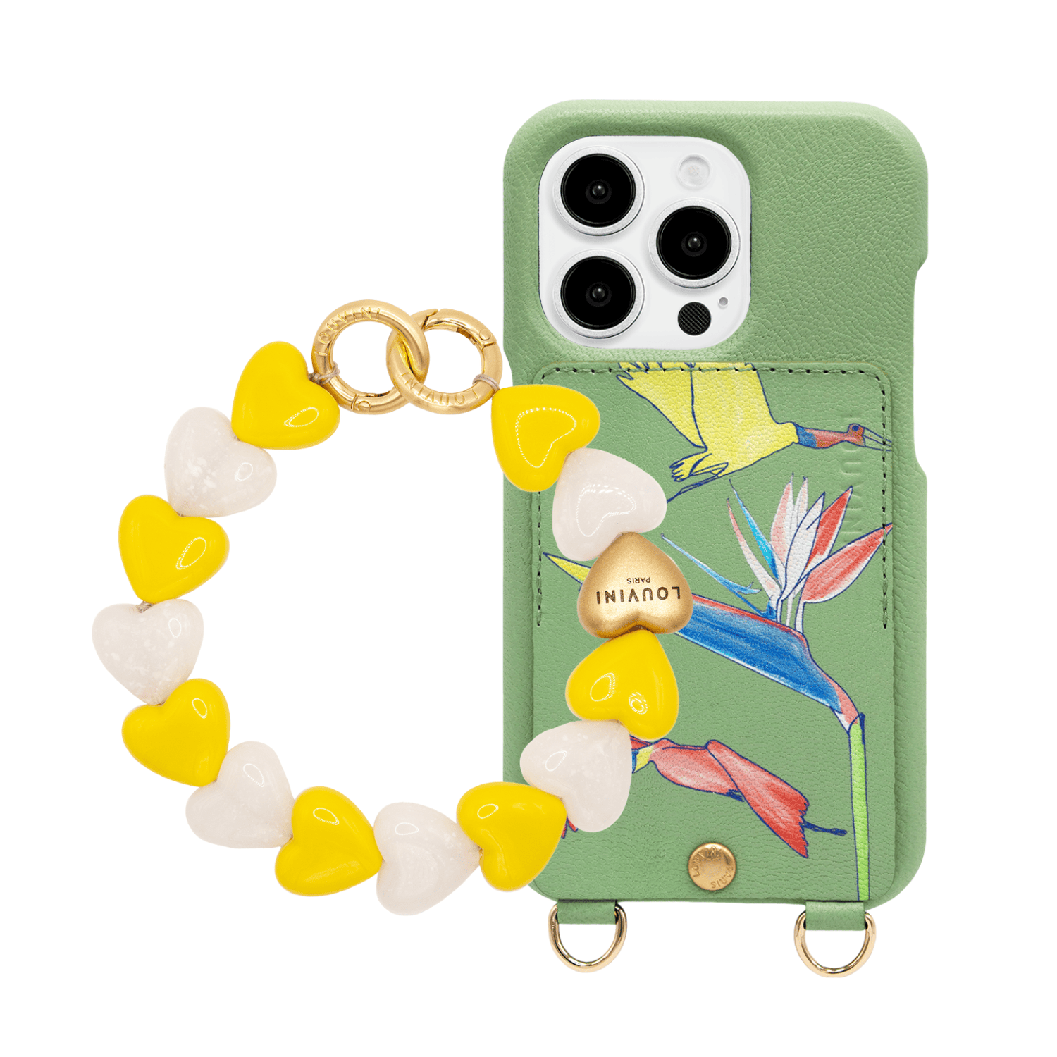Coque iPhone LOU x FILIPE JARDIM Vert Clair & bracelet PETIT CUORE Jaune-Blanc