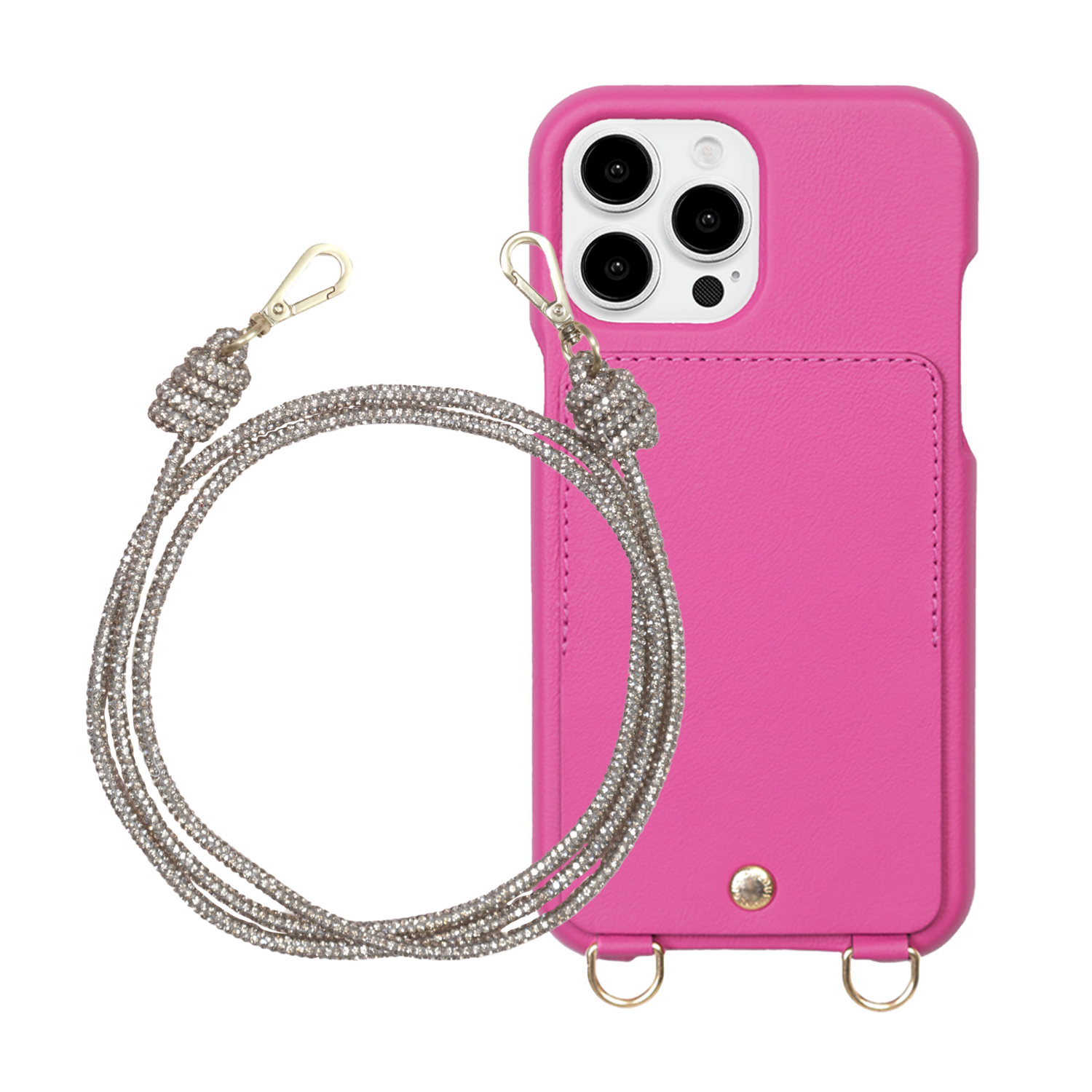 ensemble coque de téléphone avec étui en cuir fuchsia et chaîne paillette argenté