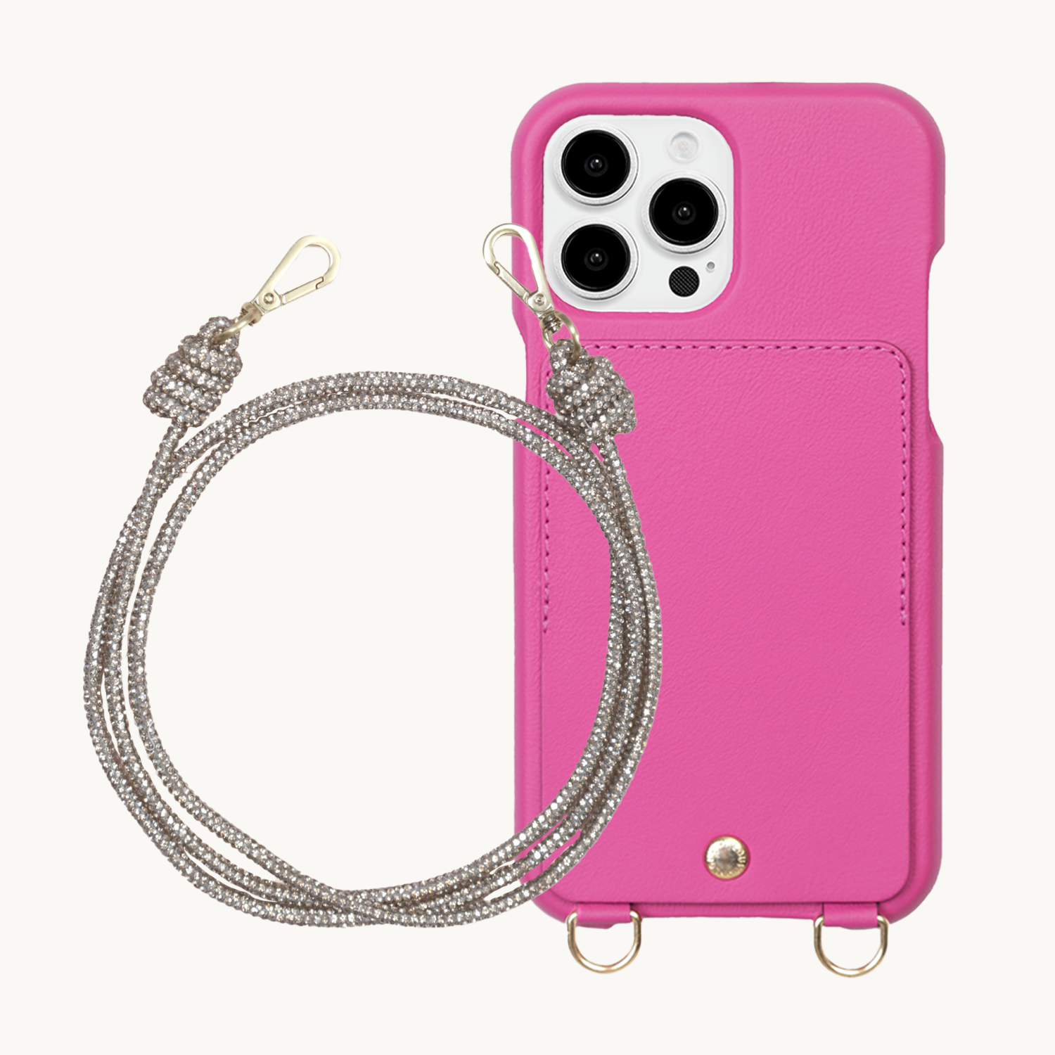 ensemble coque de téléphone avec étui en cuir fuchsia et chaîne paillette argenté