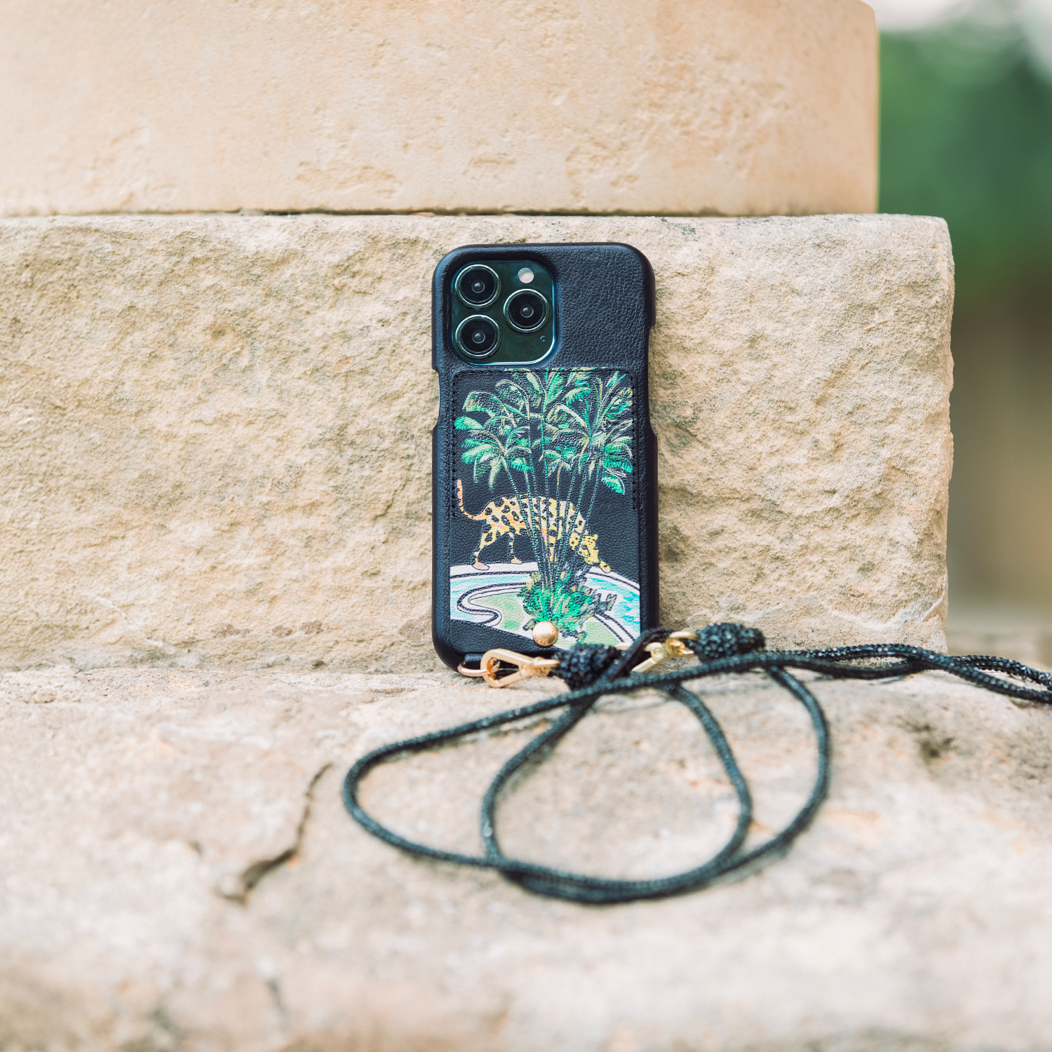 Coque en cuir Noir avec cordon Noir paillette