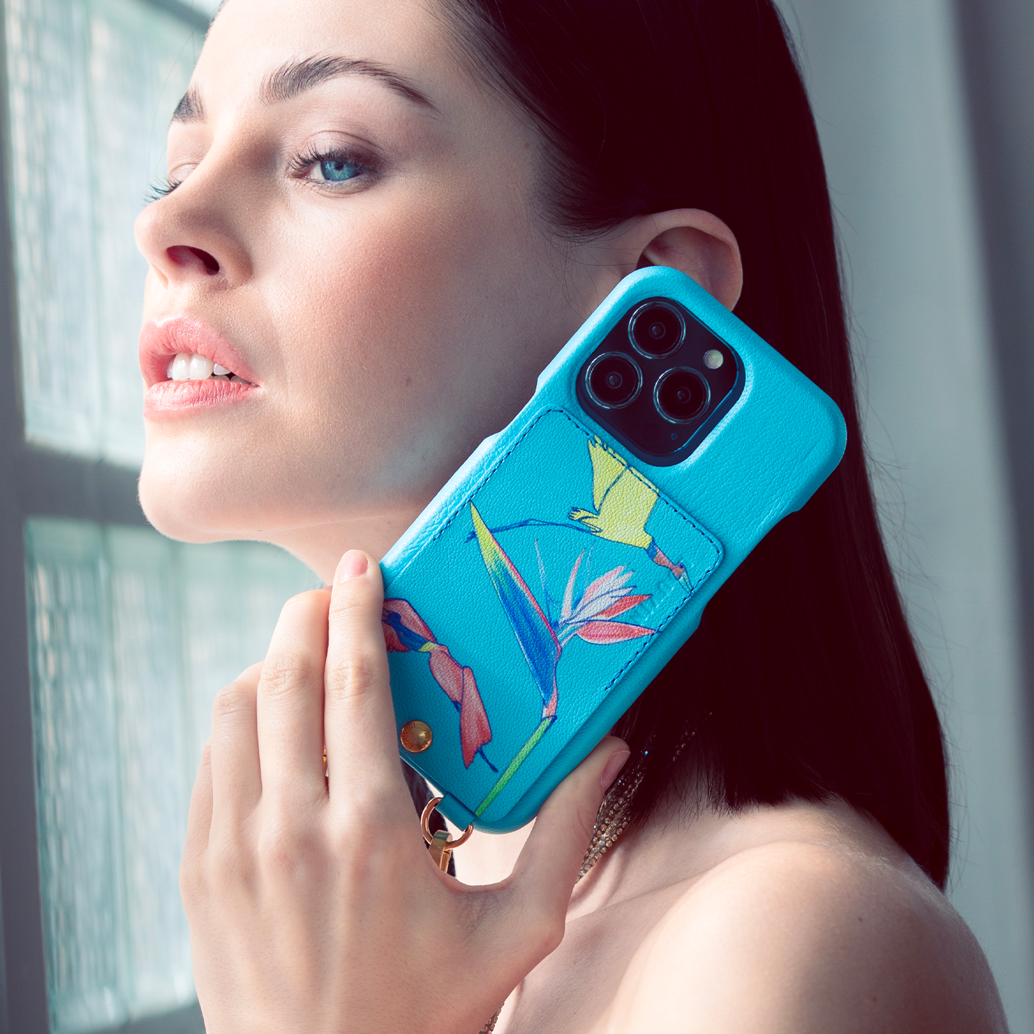 Coque iPhone cuir porte-carte avec anneaux LOU x FILIPE JARDIM - Turquoise