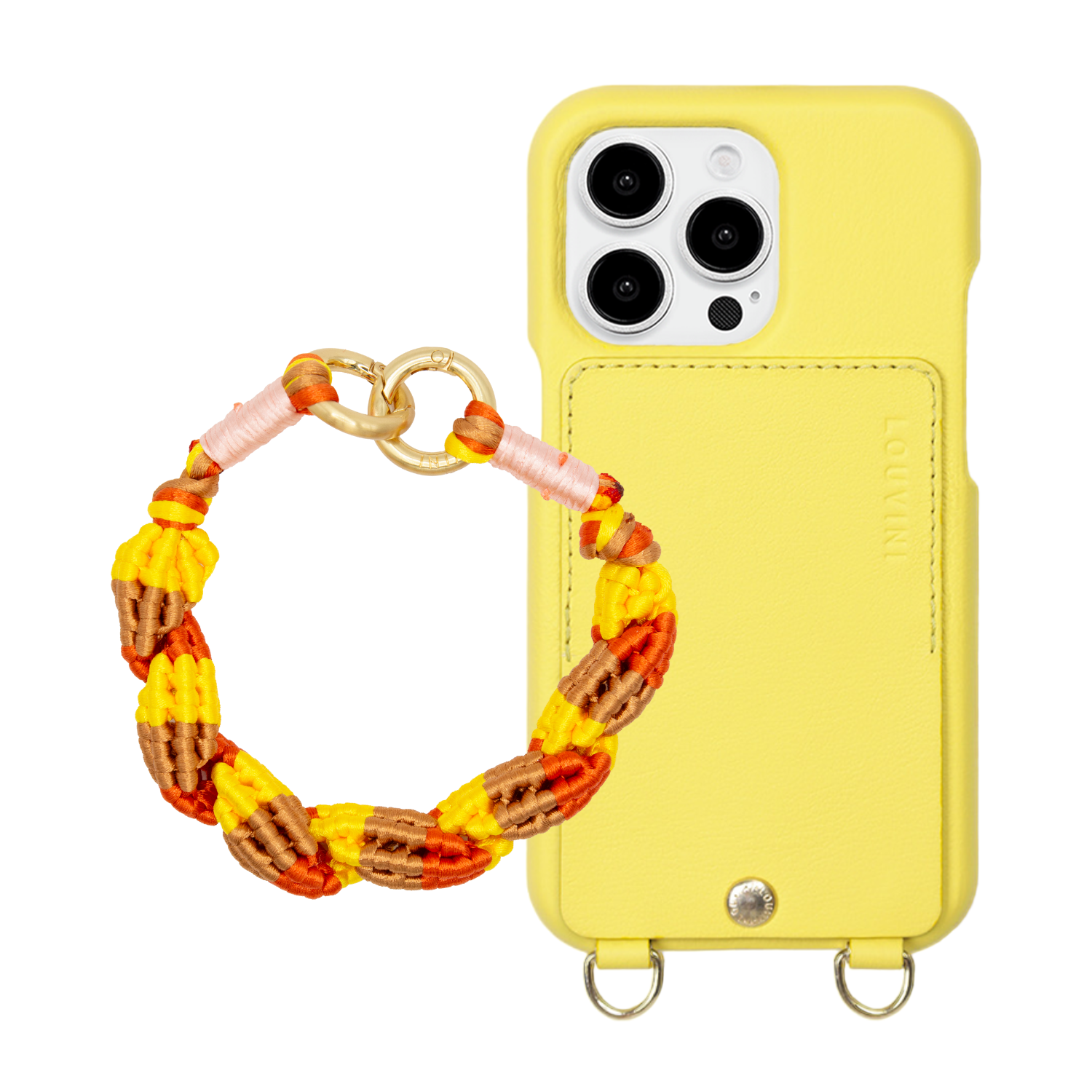 ensemble coque de téléphone avec étui en cuir jaune fluo et bracelet
