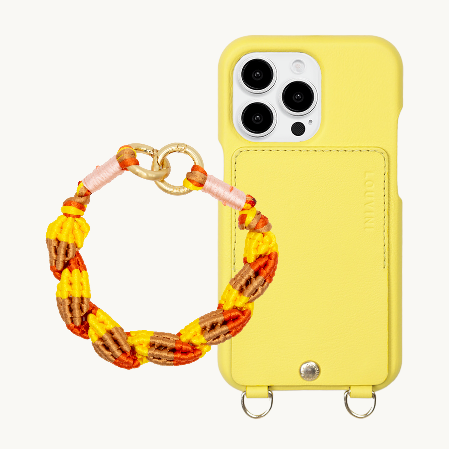 ensemble coque de téléphone avec étui en cuir jaune fluo et bracelet