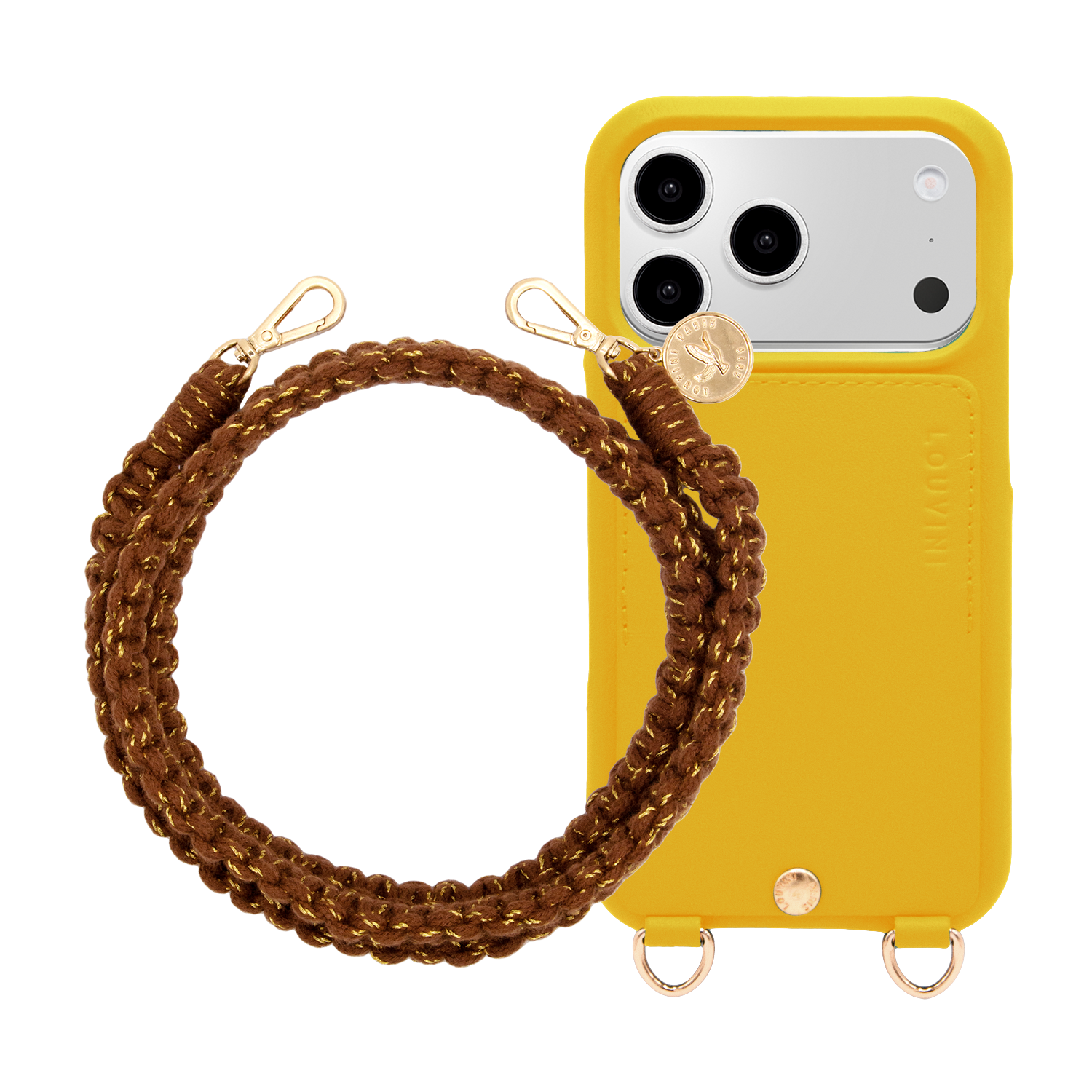 Coque iPhone LOU Jaune & Cordon PALMA Chocolat